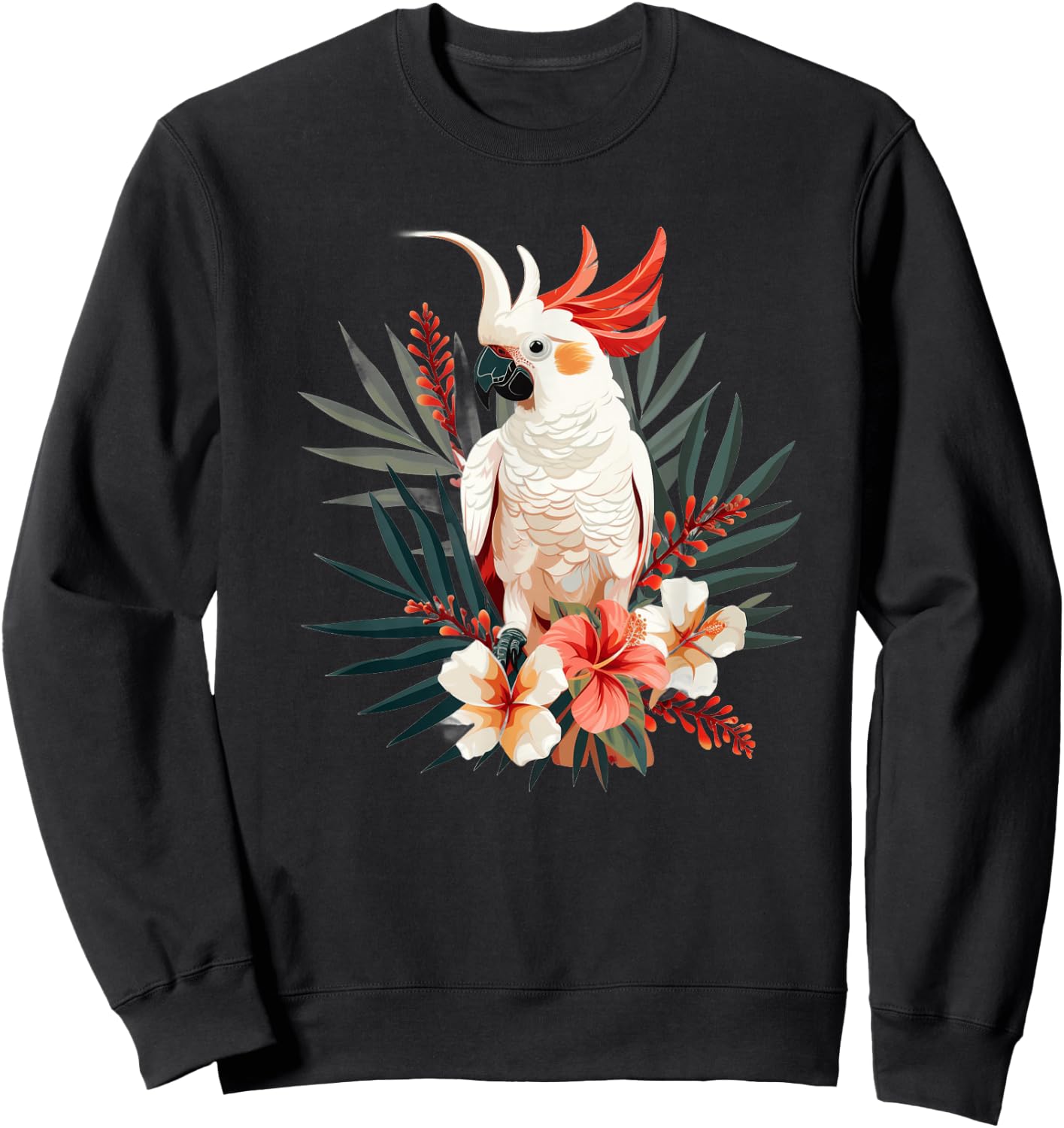 Moluccan Cockatoo With Tropical Flowers Sweatshirt - Sweatshirt | Black