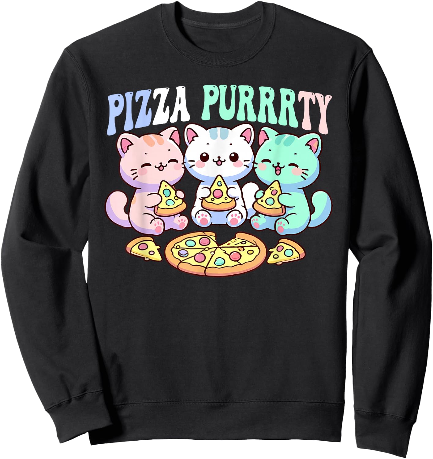 Cat pizza cute kawaii cats eating pizza purrrrty fun pastel Sweatshirt - Sweatshirt | Black
