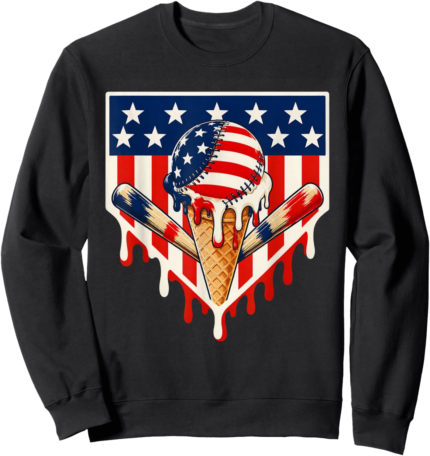 Baseball Ice Cream Drip Crossed Bats USA Flag 4th of July Sweatshirt - Sweatshirt | Black