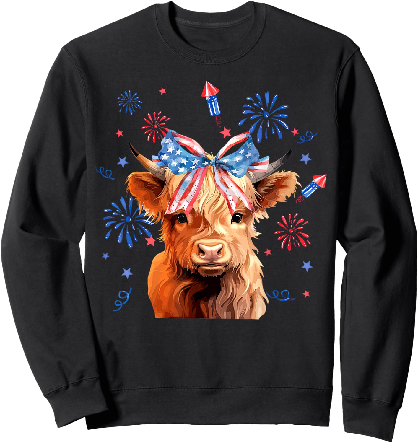 Coquette Highland Cow 4th Of July Patriotic Cute Animal Sweatshirt - Sweatshirt | Black