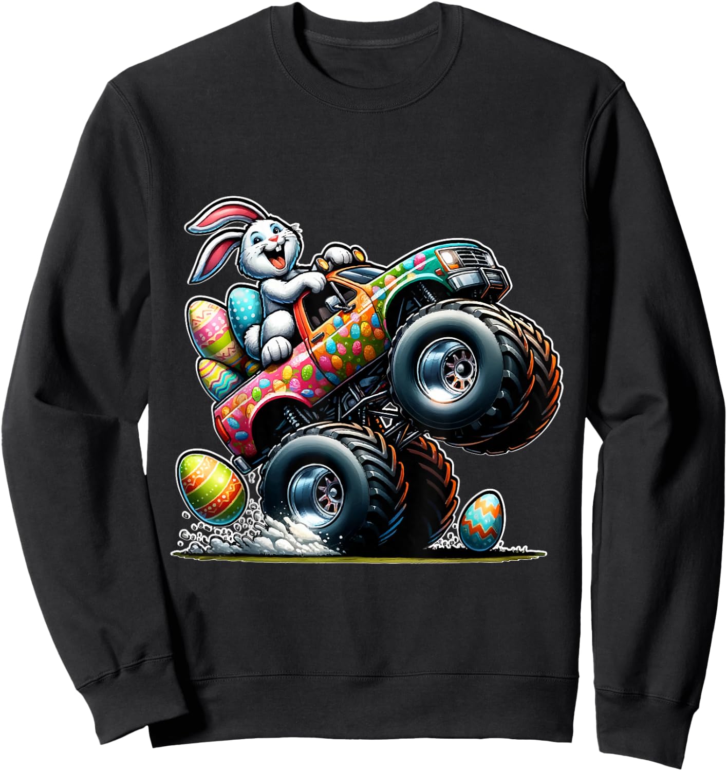 Happy Easter Eggs Monster Truck Easter Bunny Sweatshirt - Sweatshirt | Black