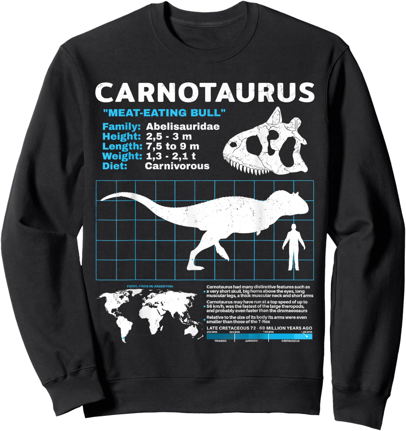 Carnotaurus Fact Sheet Datenblatt Dinosaurier Fakten Sweatshirt - Sweatshirt | Black