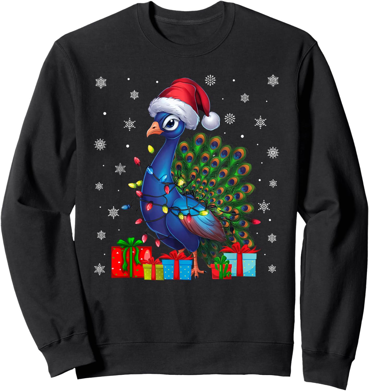 Peacock Ugly Xmas Lights Santa Hat Peacock Christmas Sweatshirt - Sweatshirt | Black