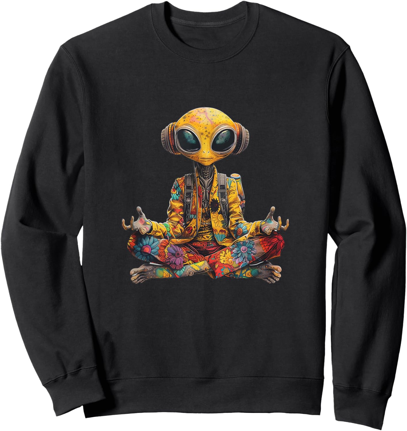 Funny Yoga Meditation Hippie Alien Tie-Dye Peace 70s Groovy Sweatshirt - Sweatshirt | Black