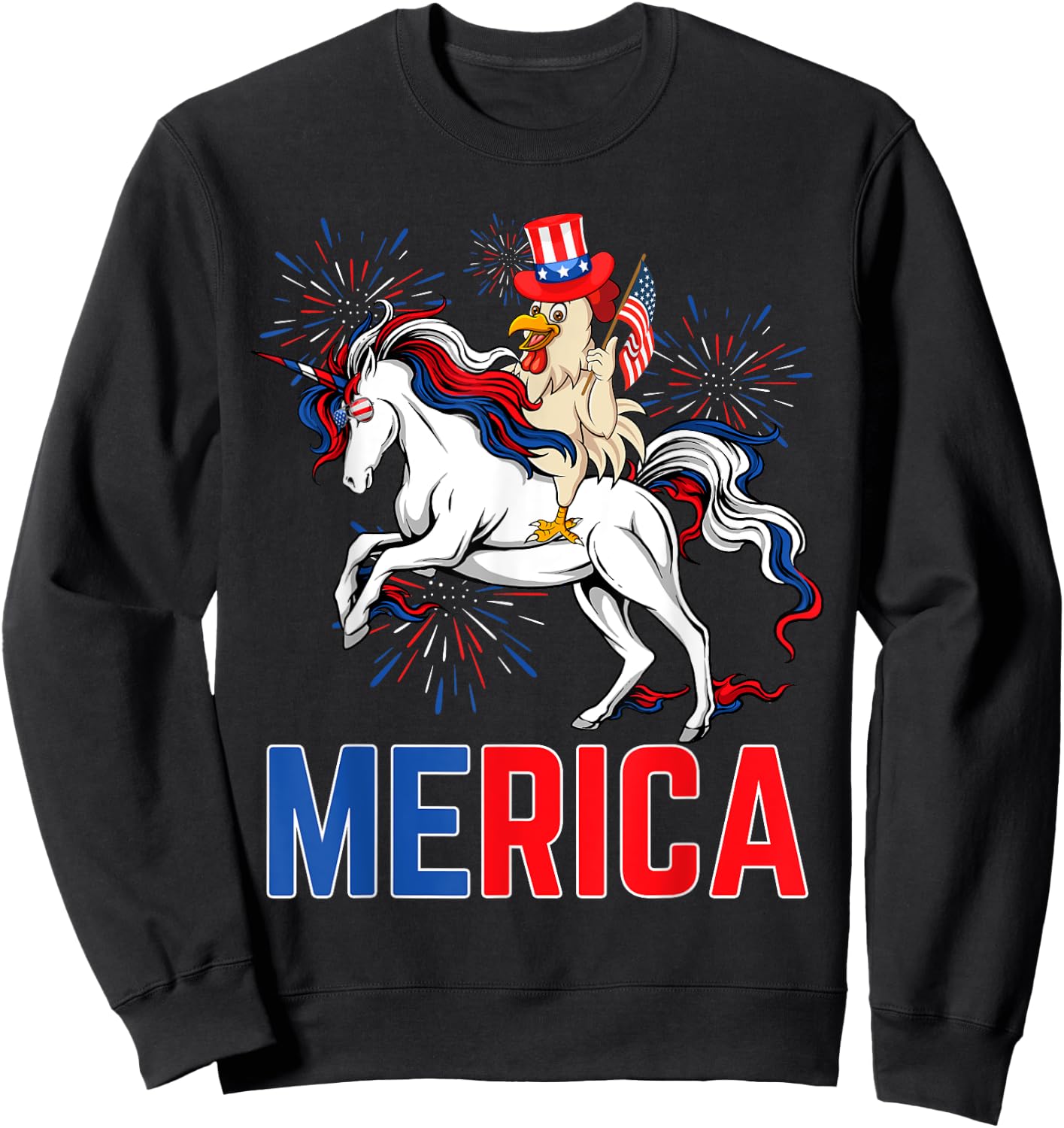 Funny Merica Chicken Unicorn American Flag Happy 4th Of July Sweatshirt - Sweatshirt | Black