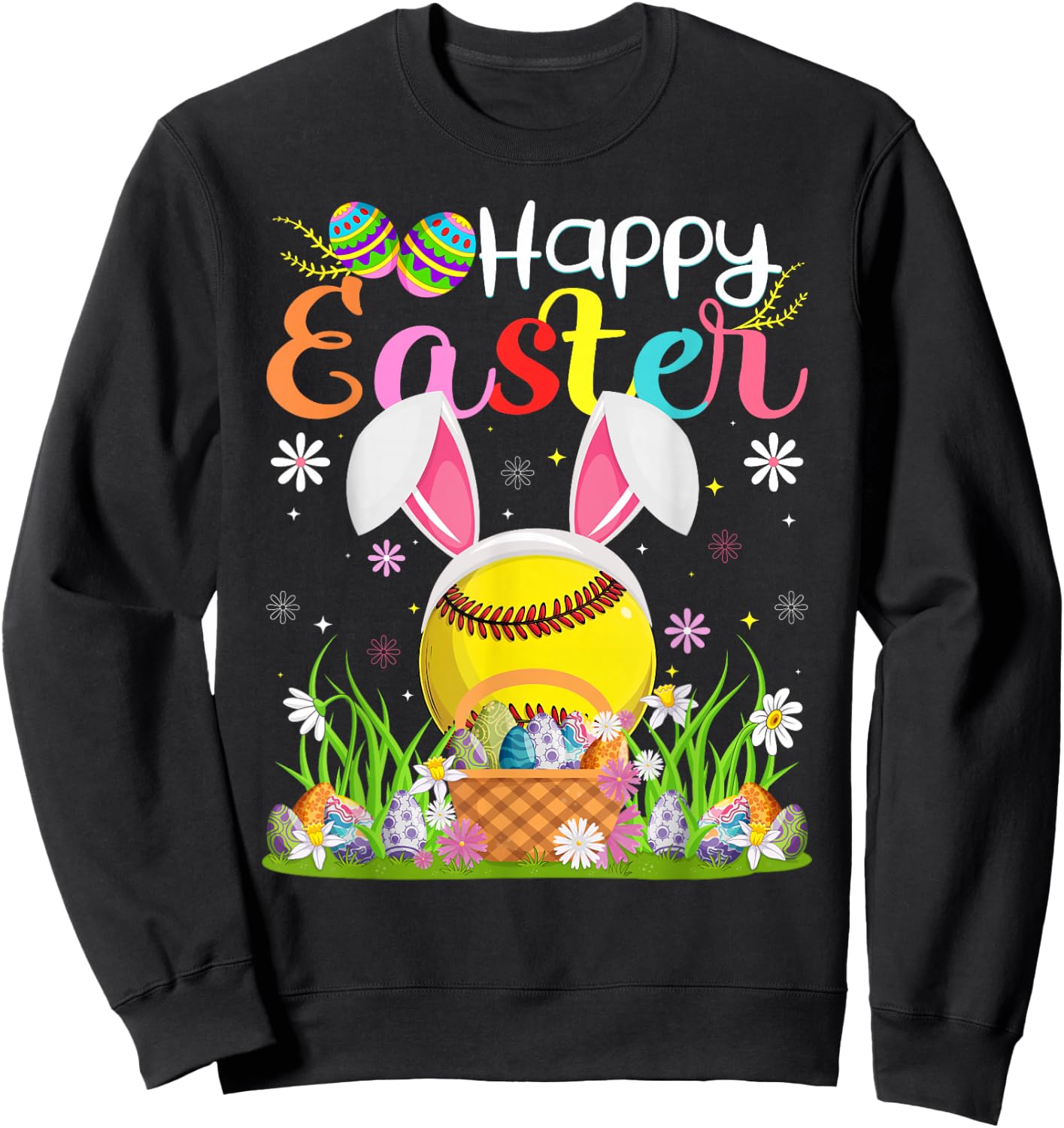 Softball Player Easter Egg Hunt Bunny Ear Softball Easter Sweatshirt - Sweatshirt | Black