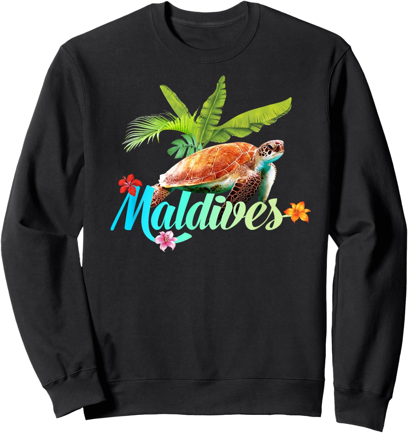 Maldives Sea Turtle Hibiscus Island Gift Beach Souvenir Palm Sweatshirt - Sweatshirt | Black