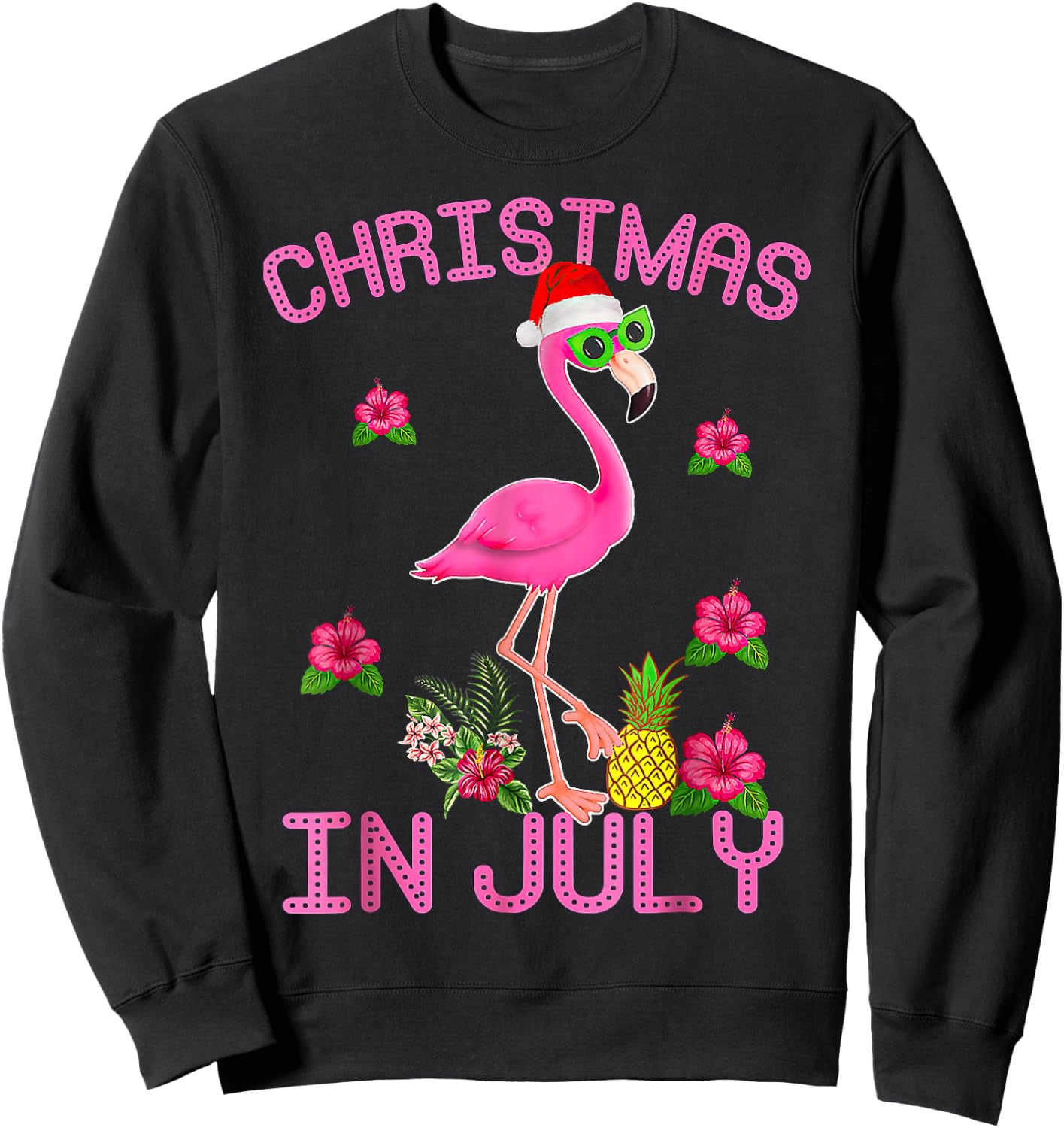 Christmas In July Pink Flamingo Sweatshirt - Sweatshirt | Black