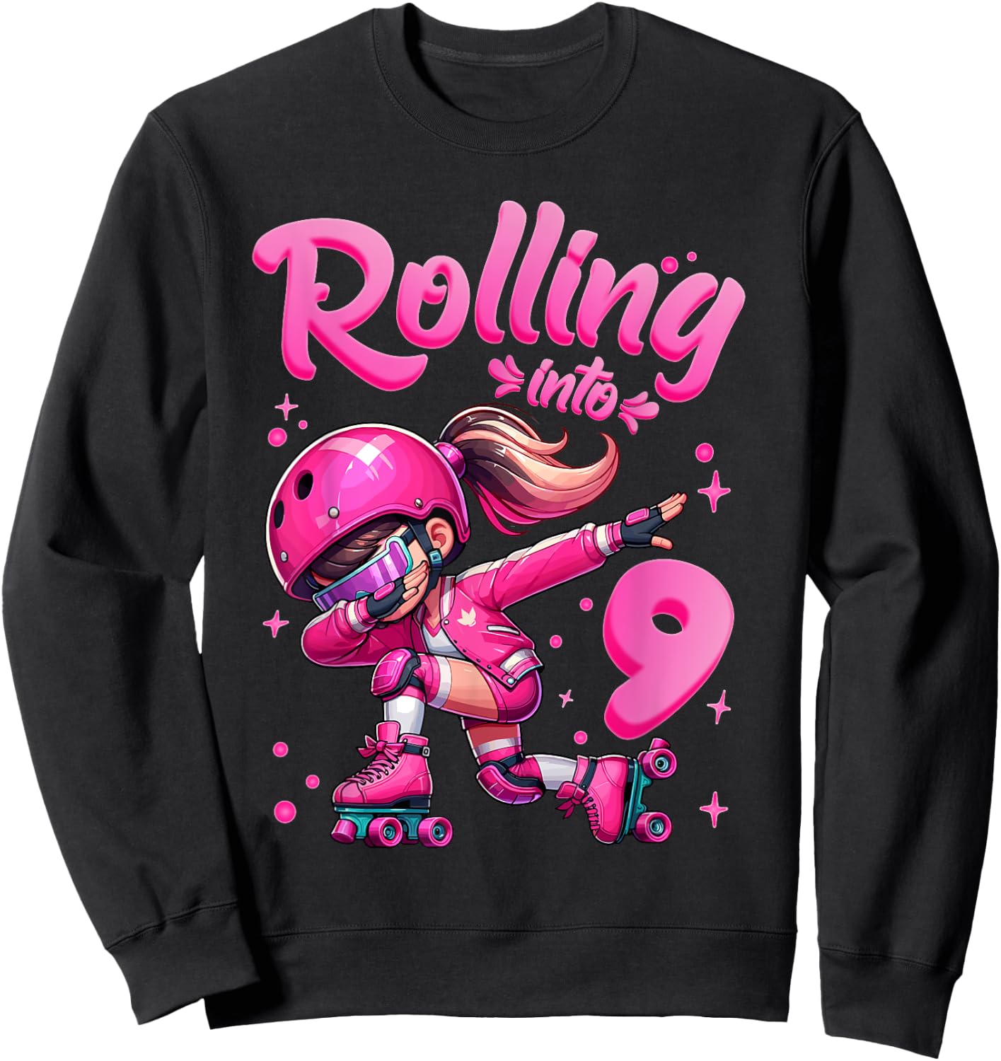 Roller Skating Girl Birthday Kids 9th Birthday Party Sweatshirt - Sweatshirt | Black