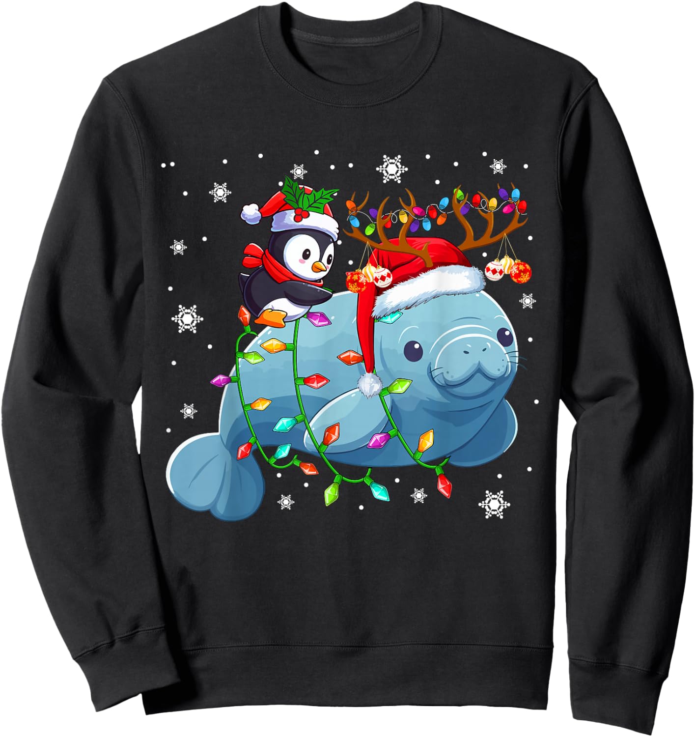 Santa Penguin Riding Reindeer Manatee Christmas Sea Animals Sweatshirt - Sweatshirt | Black