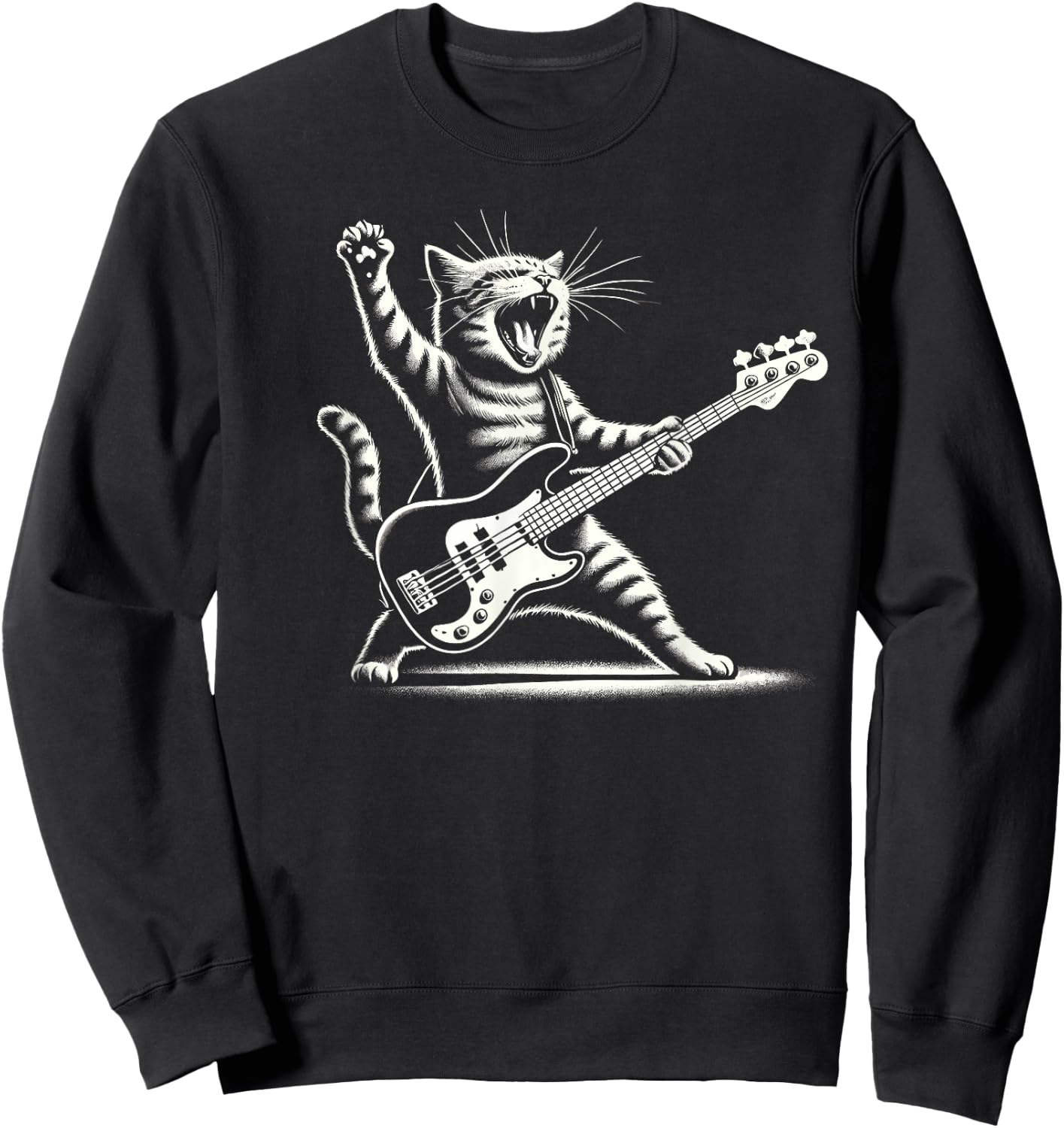 Rock Cat with Electric Bass Guitar Four Sides Bass Player , Black, S Sweatshirt - Sweatshirt | Black