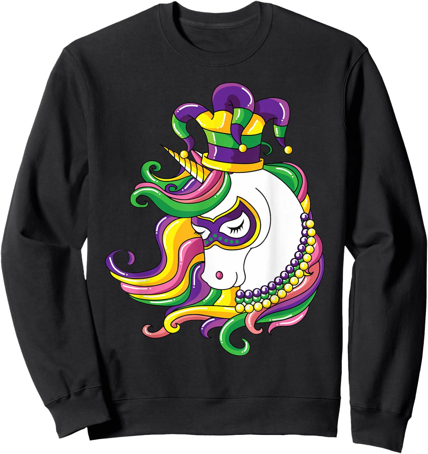 Jester Rainbow Unicorn design Mardi Gras Mask Costume Sweatshirt - Sweatshirt | Black