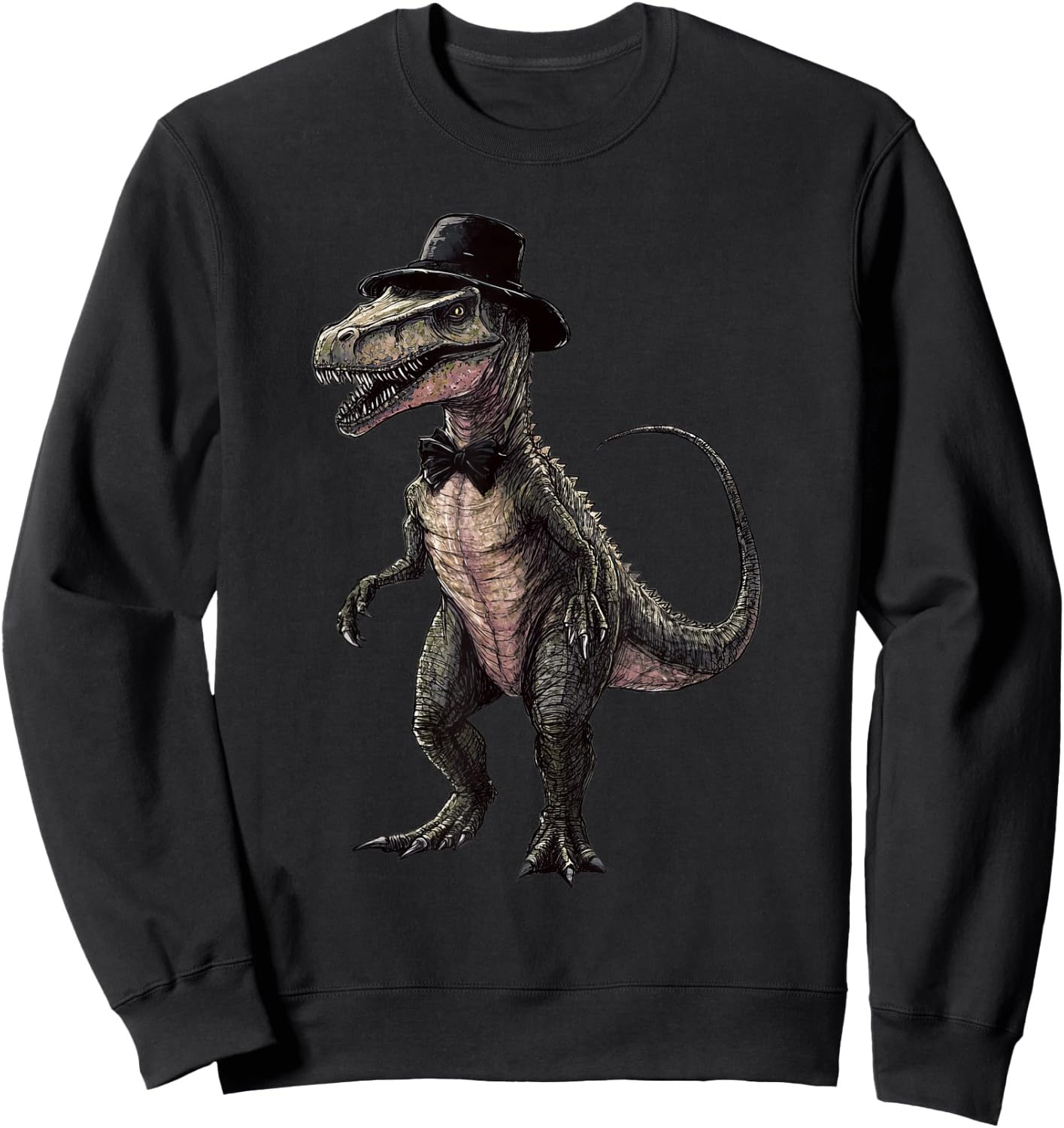 Spinosaurus Dinosaur Wearing A Hat And Bowtie Sweatshirt - Sweatshirt | Black