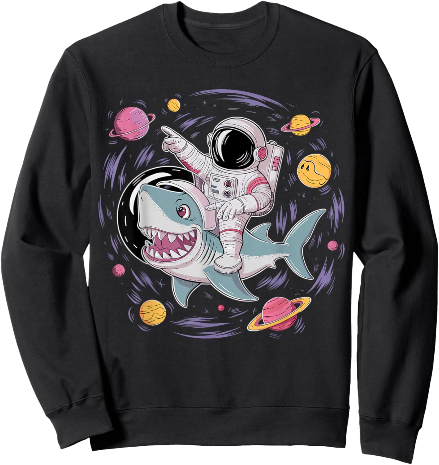 Astronaut Riding Shark Birthday Party in Outer Space Sweatshirt - Sweatshirt | Black