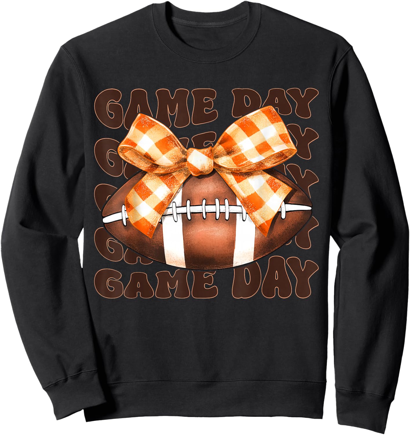 Football Autumn Fall Orange Checkered Ribbon Bow Game Day Sweatshirt - Sweatshirt | Black