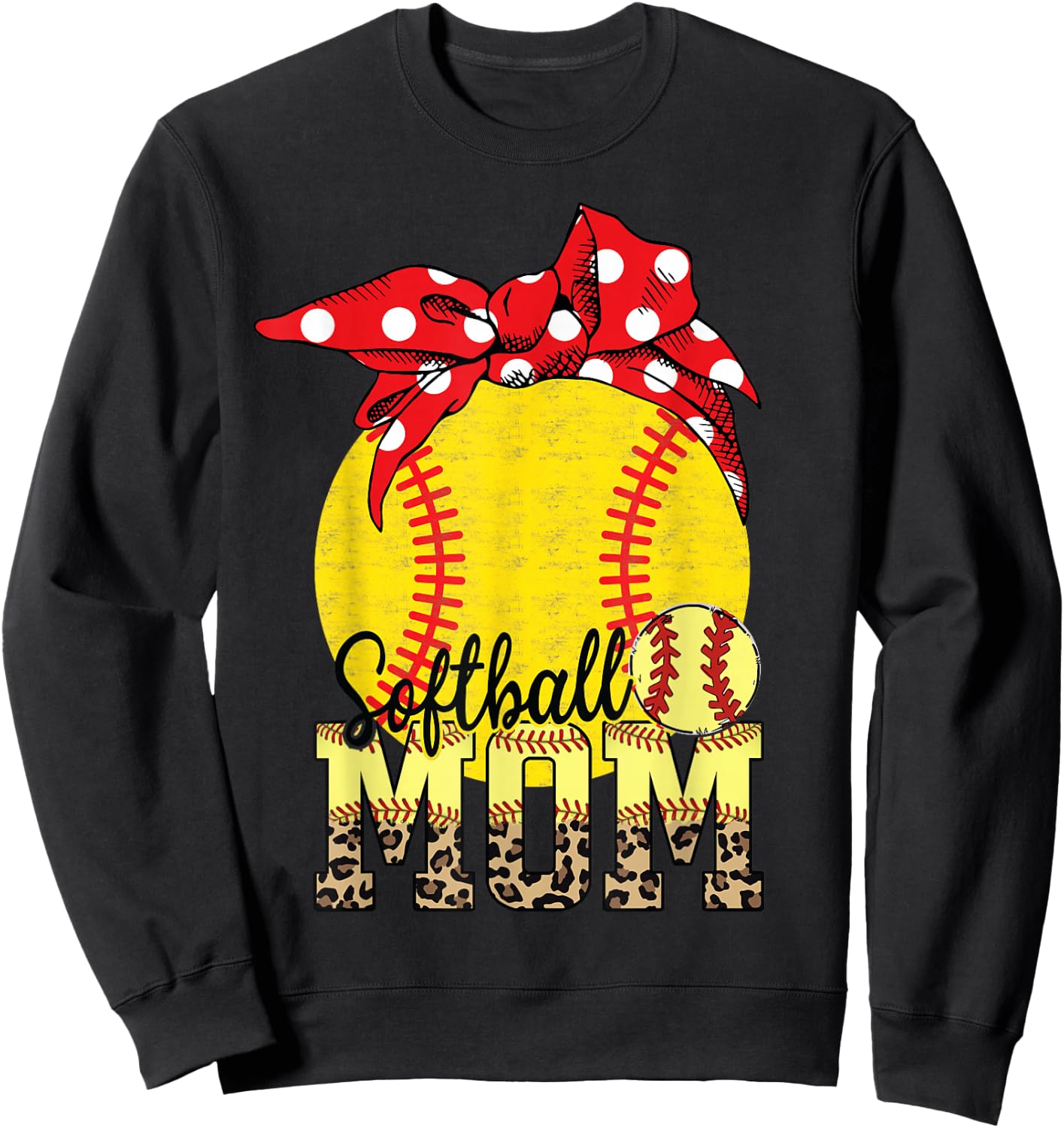 Softball Mom Messy Bun Leopard Softball Mothers Day Sweatshirt - Sweatshirt | Black