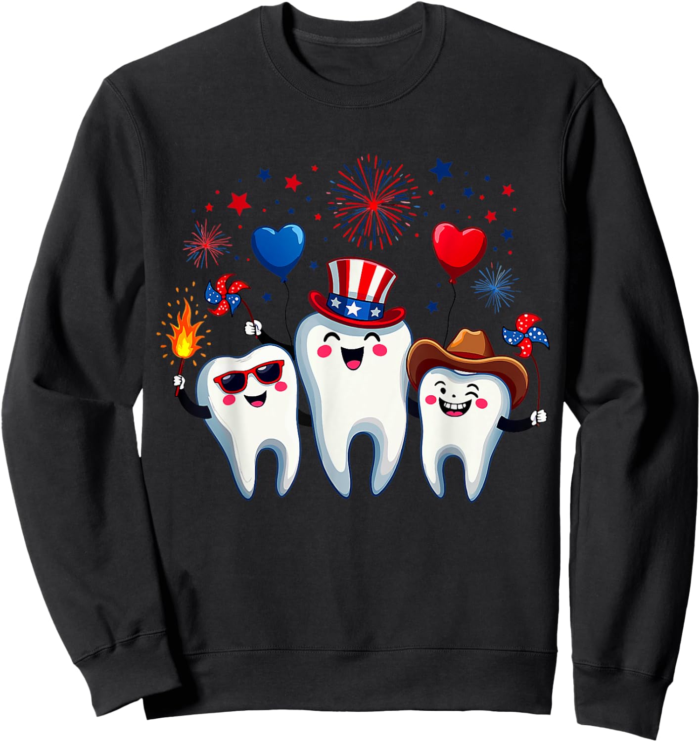 Three Teeth 4th Of July US Flag Firework Dentist Dental Team Sweatshirt - Sweatshirt | Black