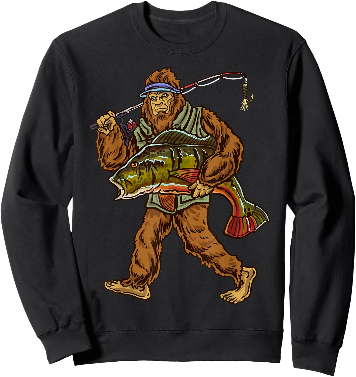 Peacock Fishing Bigfoot Bass Fisherman Sweatshirt - Sweatshirt | Black