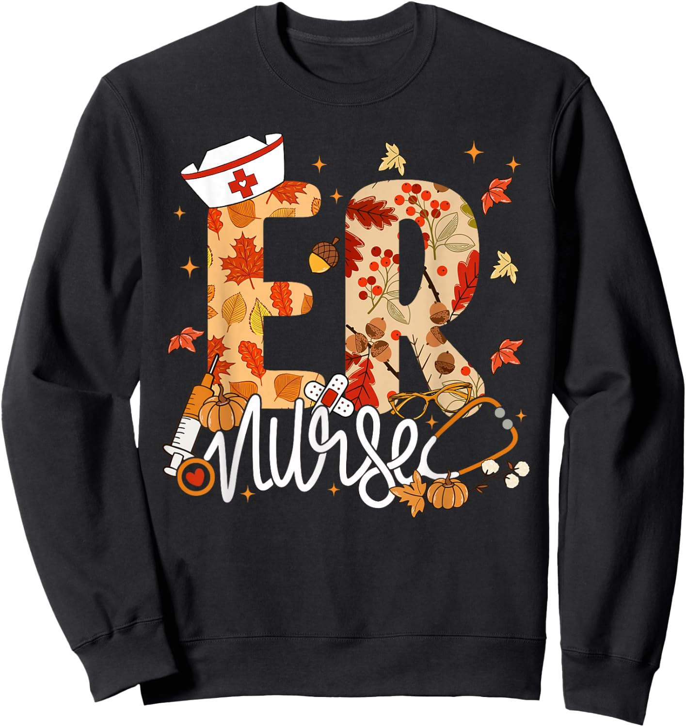 Stethoscope ER Nurse Fall Yall Autumn Leaves Thanksgiving Sweatshirt - Sweatshirt | Black