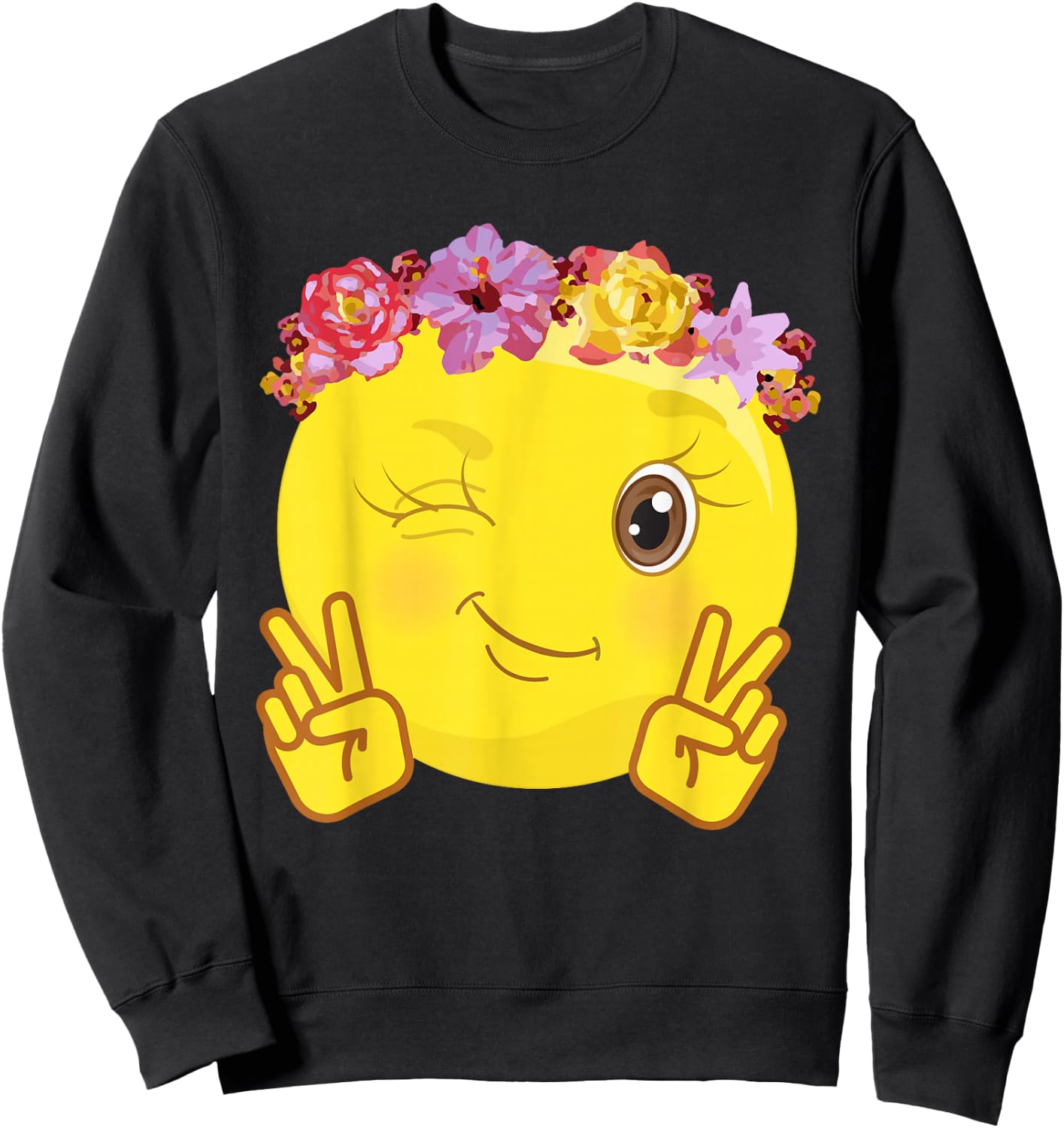 Peace Emoticon Winking Flower Crown Sweatshirt - Sweatshirt | Black