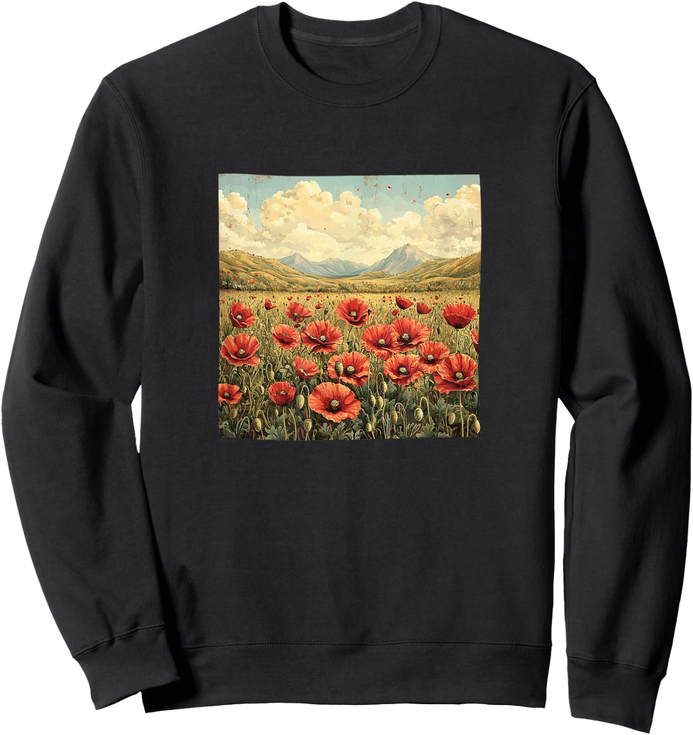 Vintage Landscape with Poppies Sweatshirt - Sweatshirt | Black