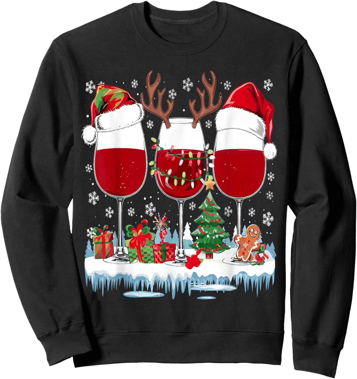 Santa Hat Funny Wine Glass Santa Hat Women , Black, S Sweatshirt - Sweatshirt | Black
