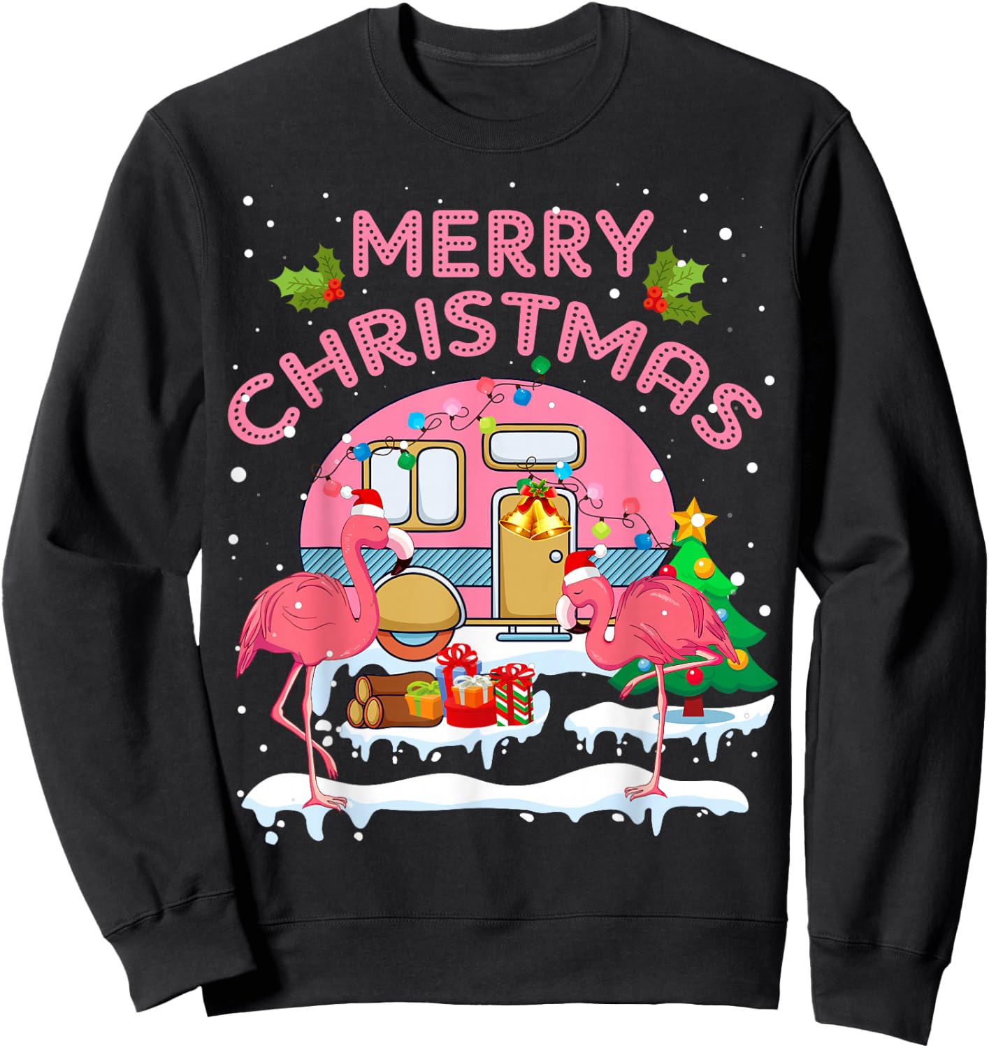 Flamingo Pink Camping Car Christmas Tree Merry Christmas Sweatshirt - Sweatshirt | Black