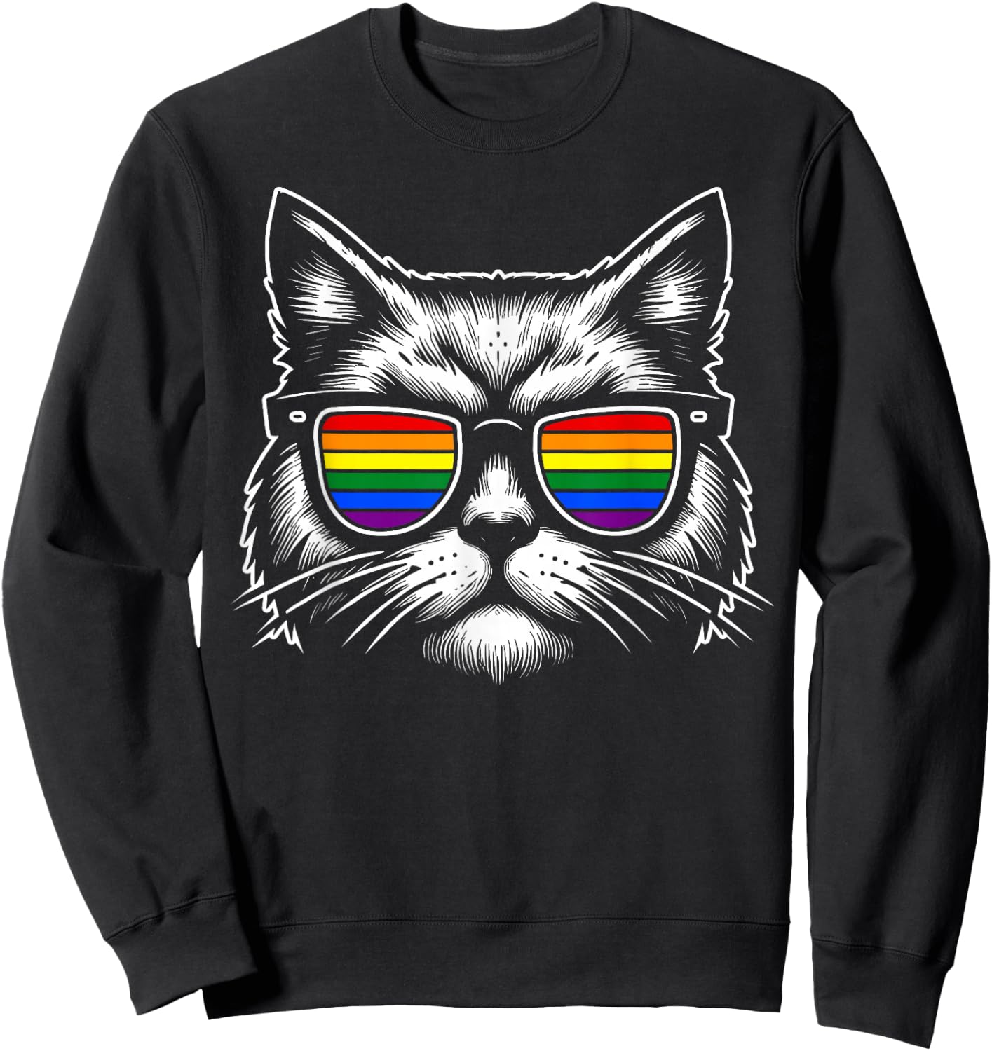 Rainbow Cat with Sunglasses and Pride Flag Gay Pride Sweatshirt - Sweatshirt | Black