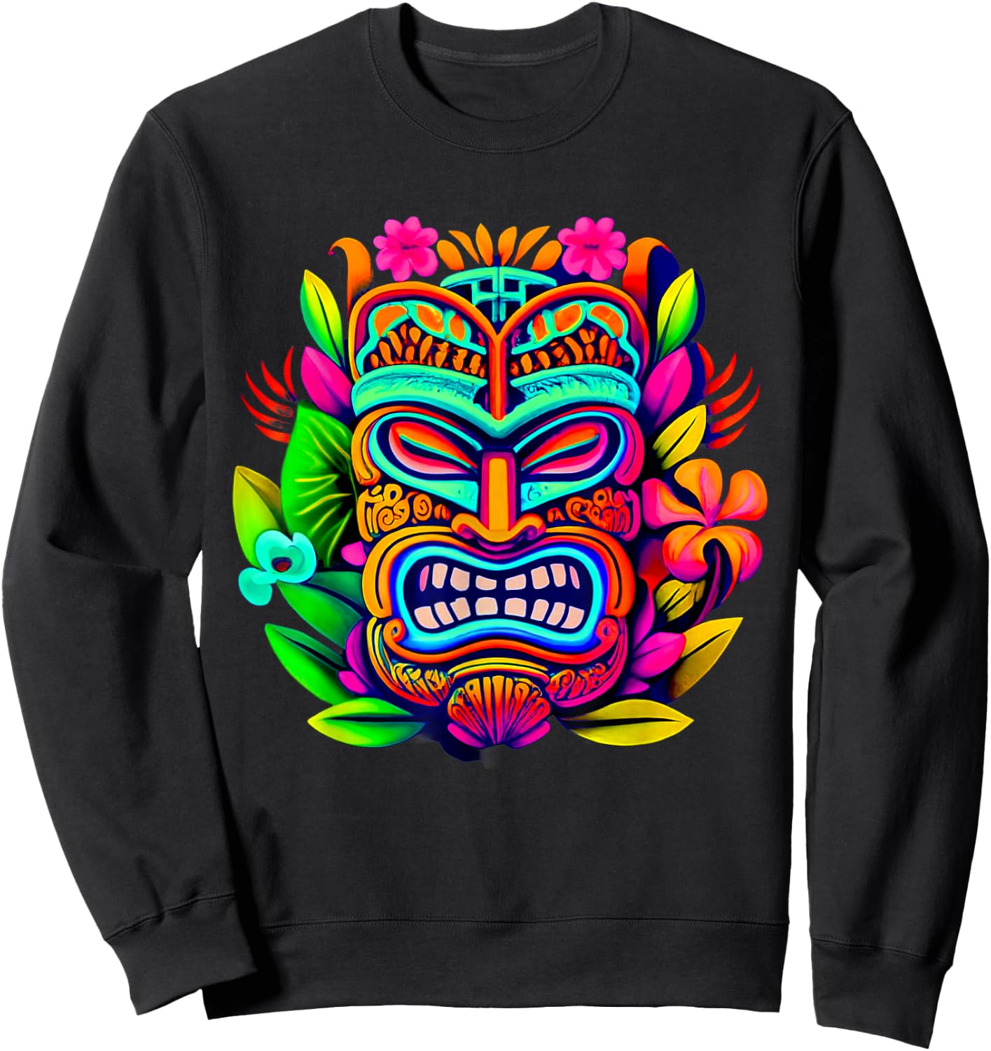 Bright Neon Maui Polynesian Hawaiian Tiki Head Style Design Sweatshirt - Sweatshirt | Black