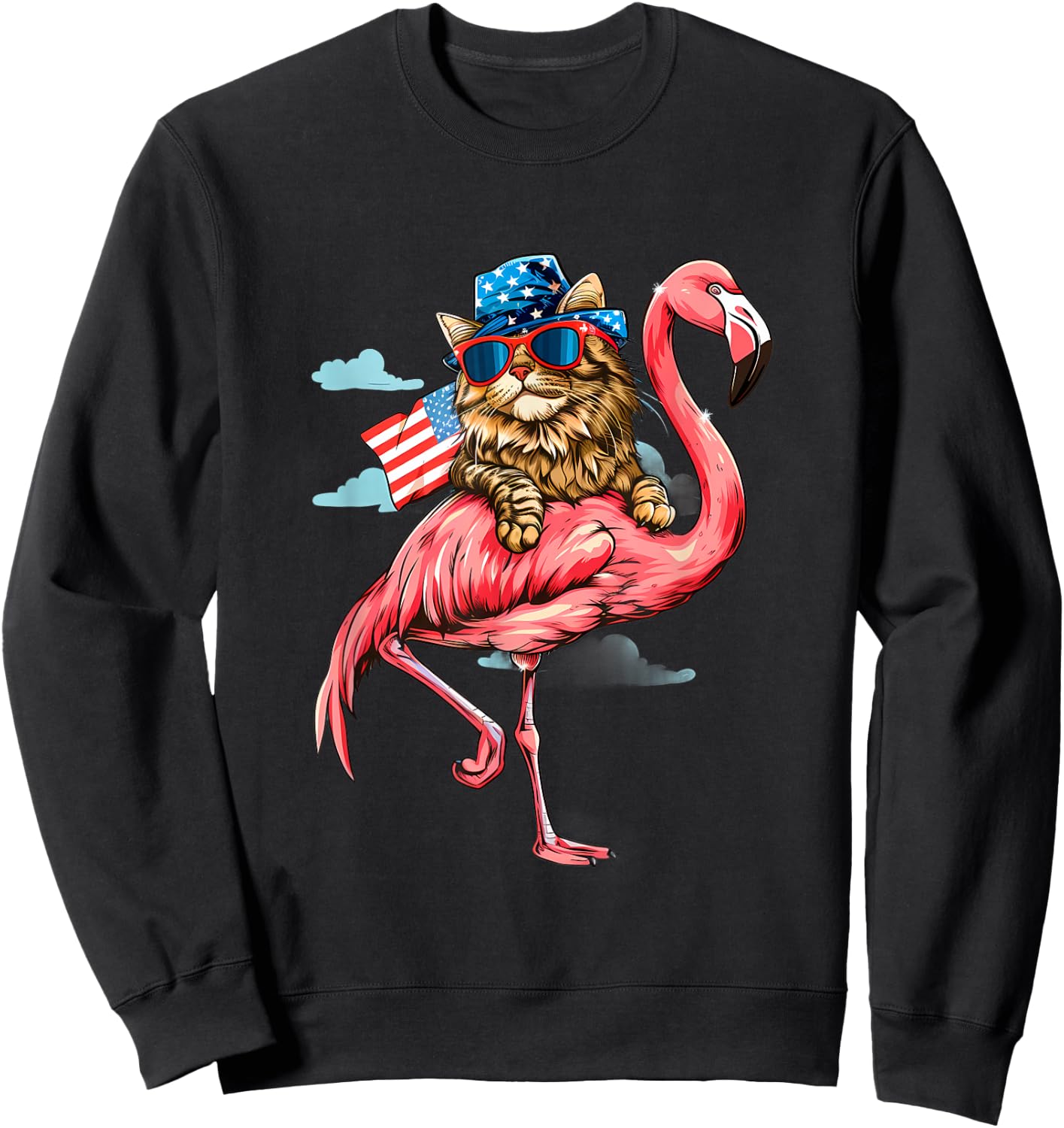 4th Of July Cat Flamingo American Flag Patriotic America USA Sweatshirt - Sweatshirt | Black