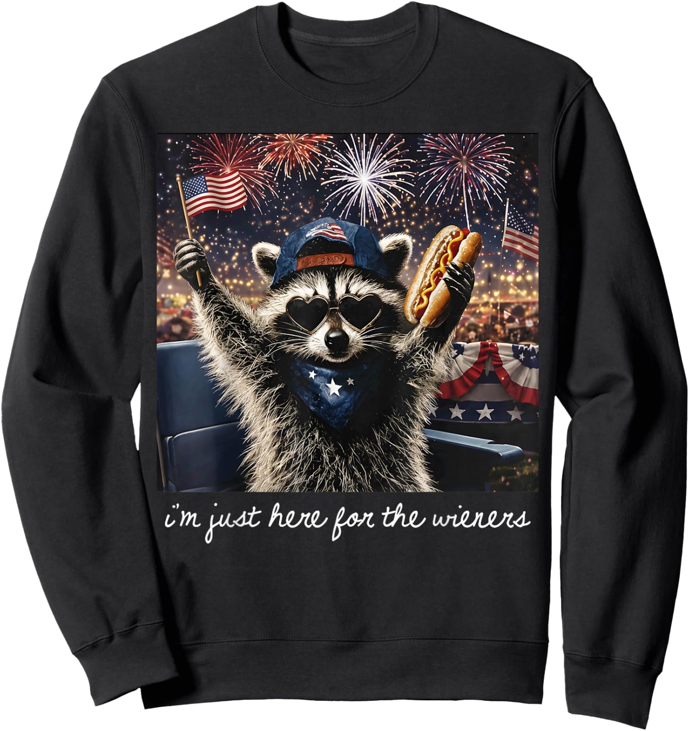 Just Here for The Wieners Funny Hotdog Raccoon 4th of July Sweatshirt - Sweatshirt | Black