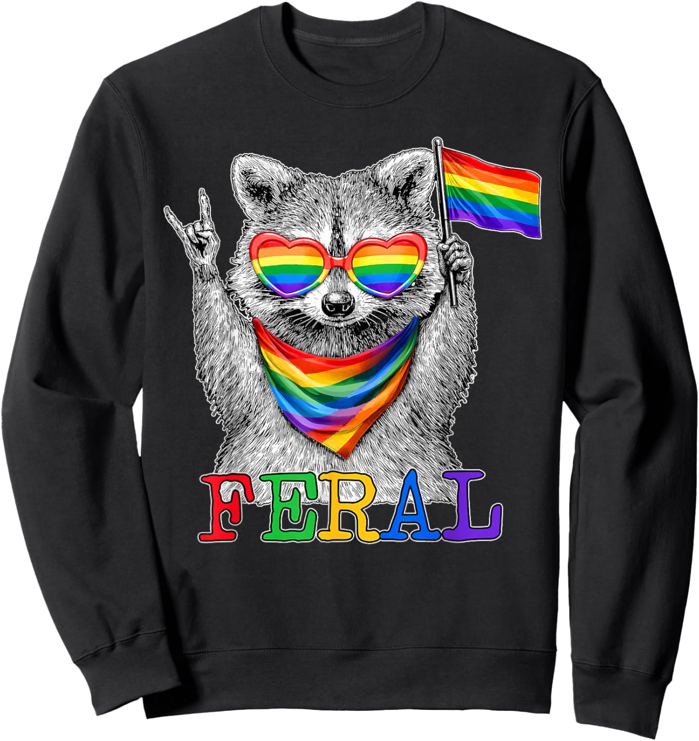 Pride LGBT Feral Raccoon Rainbow Flag Sunglasses Men Women Sweatshirt - Sweatshirt | Black