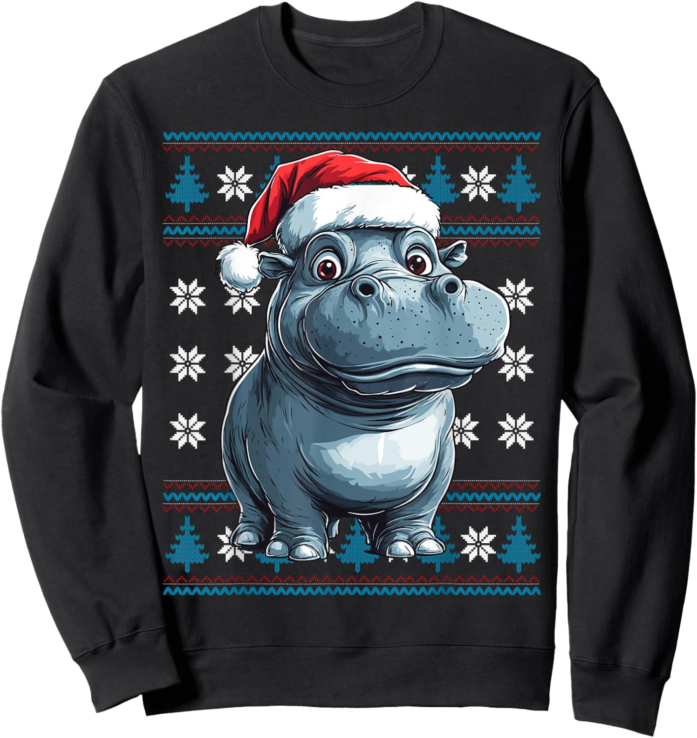 Hippo Santa Hat Ugly Christmas Sweater Hippo Lovers Holiday Sweatshirt - Sweatshirt | Black