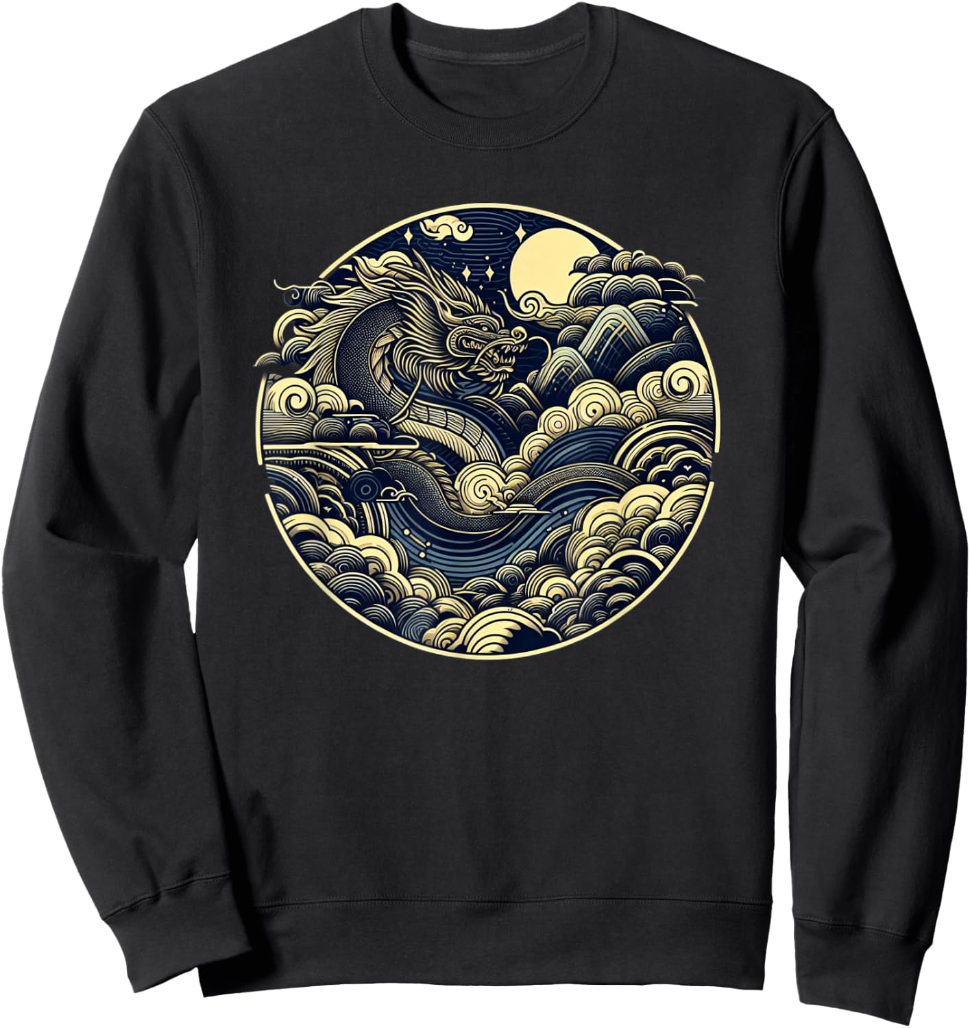 Japanese Dragon Moon Waves Ukiyo-e Style Circular Graphic Sweatshirt - Sweatshirt | Black