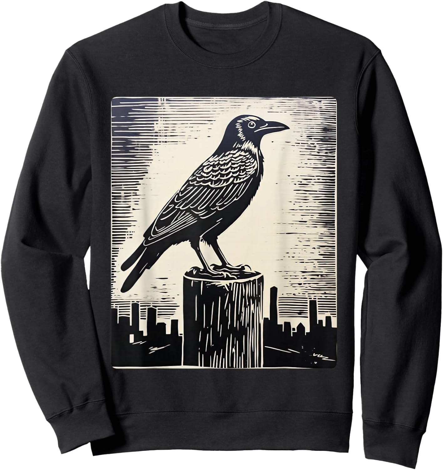 Crow in Linocut Raven Viking Crows Norse Mythology Sweatshirt - Sweatshirt | Black