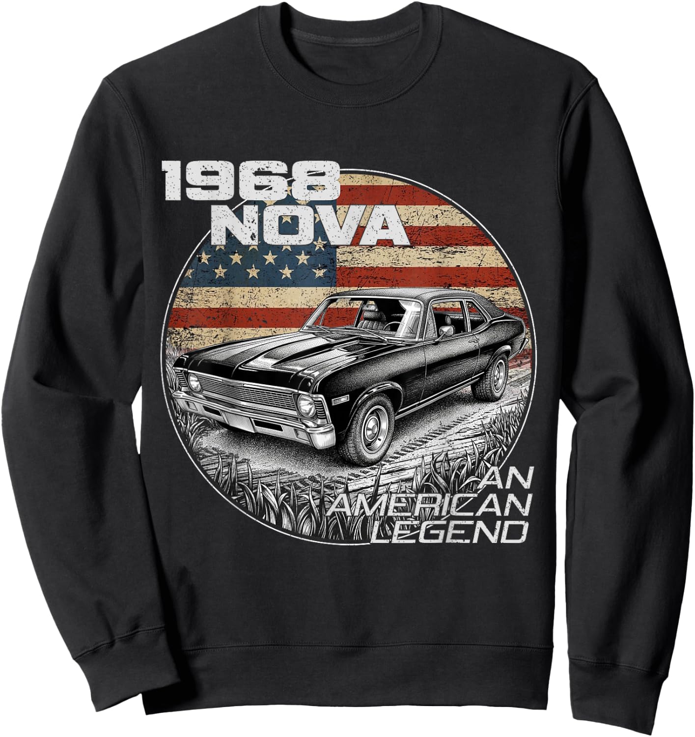 1968 68 Nova Silhouette Muscle Car American Flag Sweatshirt - Sweatshirt | Black