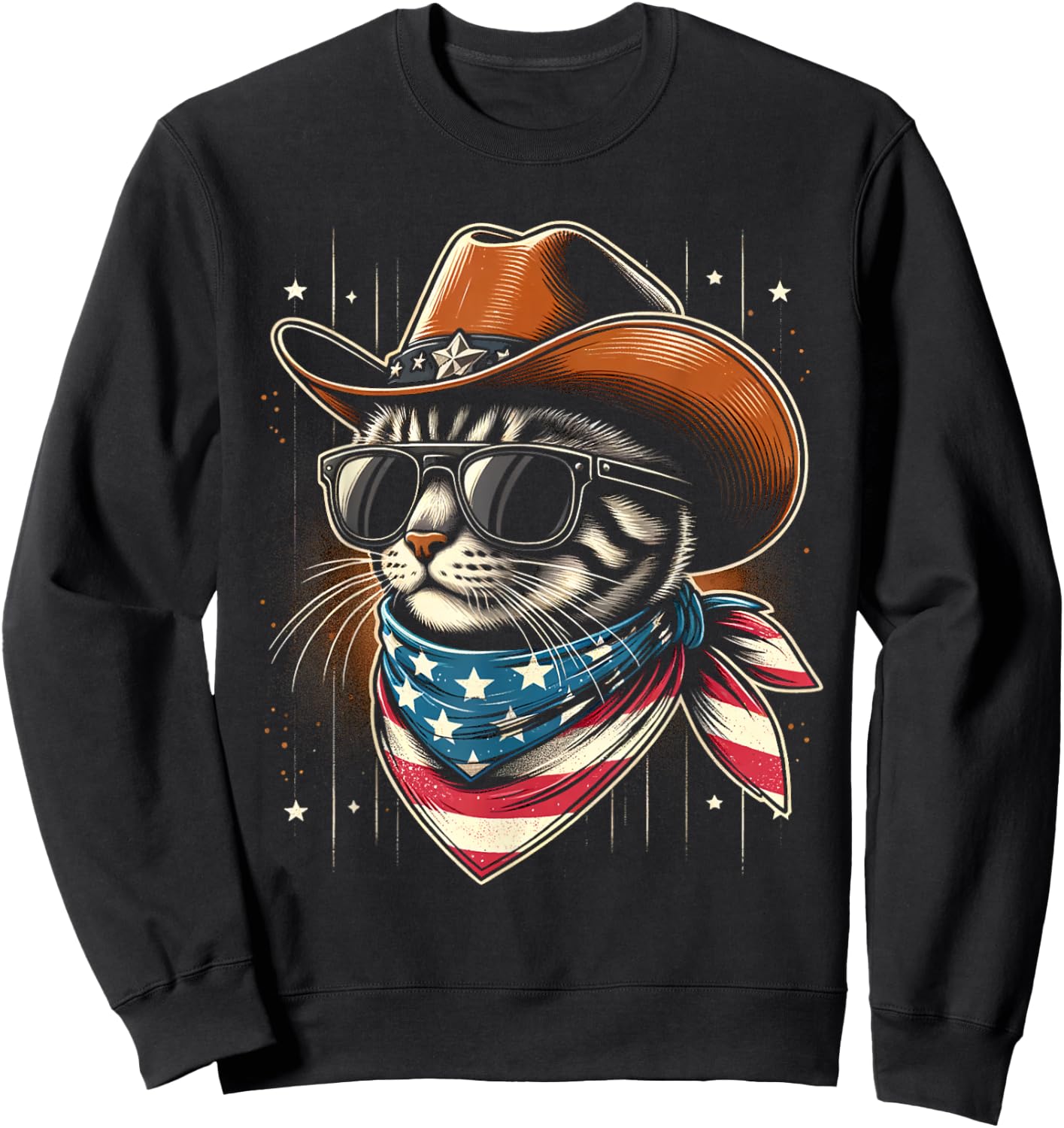 Funny Patriotic Cowboy Cat 4th of July Women Kids Sweatshirt - Sweatshirt | Black