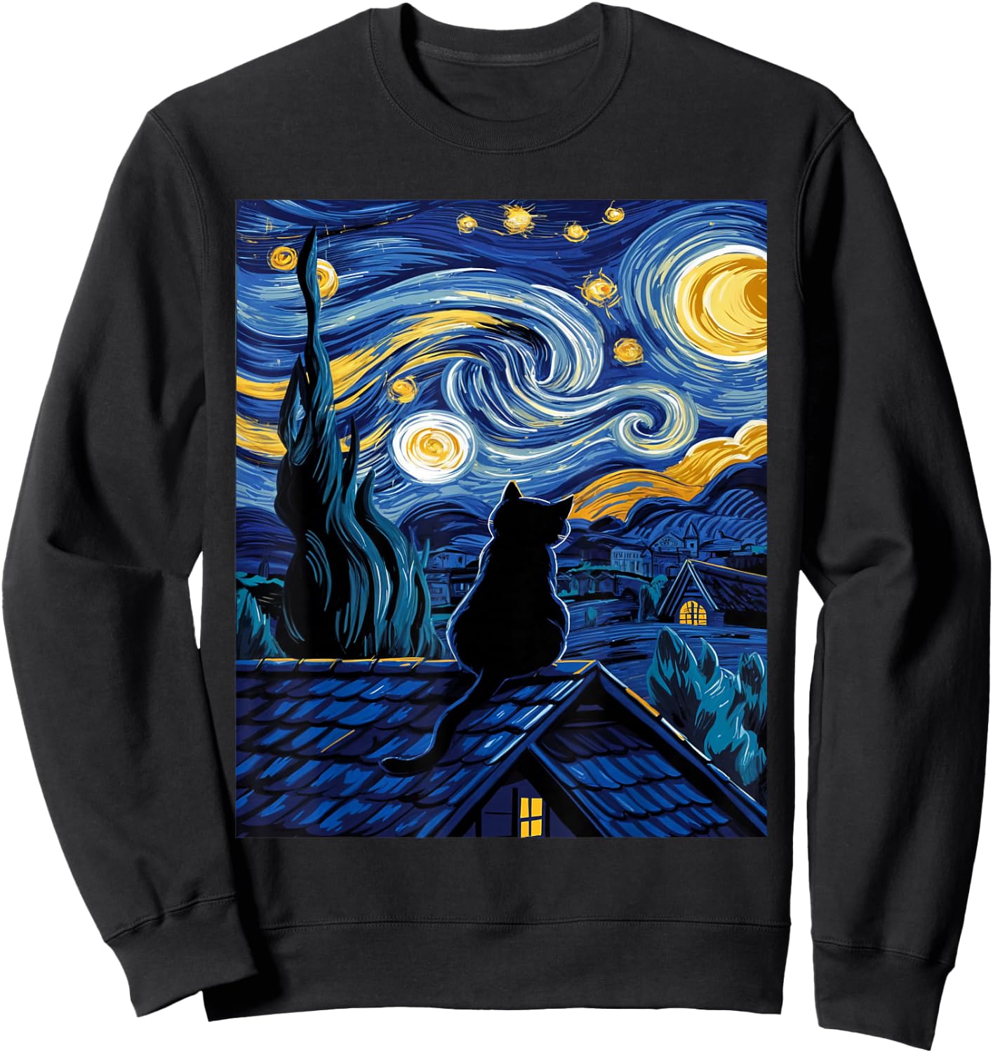Cat Starry Night Van Gogh Cat Art Lover Funny Cat Sweatshirt - Sweatshirt | Black