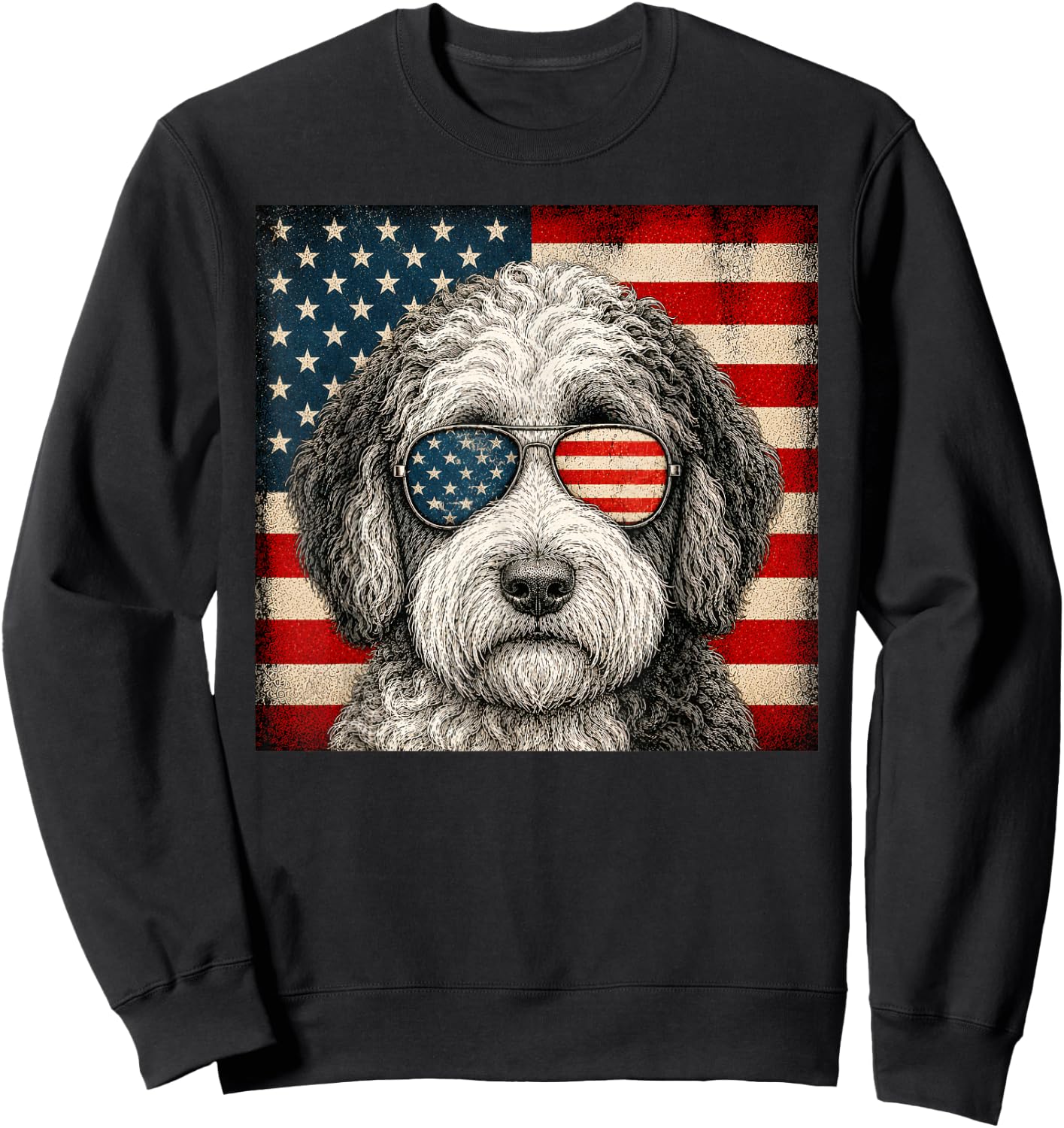 Sheepadoodle 4th of July US American Flag Dog Patriotic Sweatshirt - Sweatshirt | Black