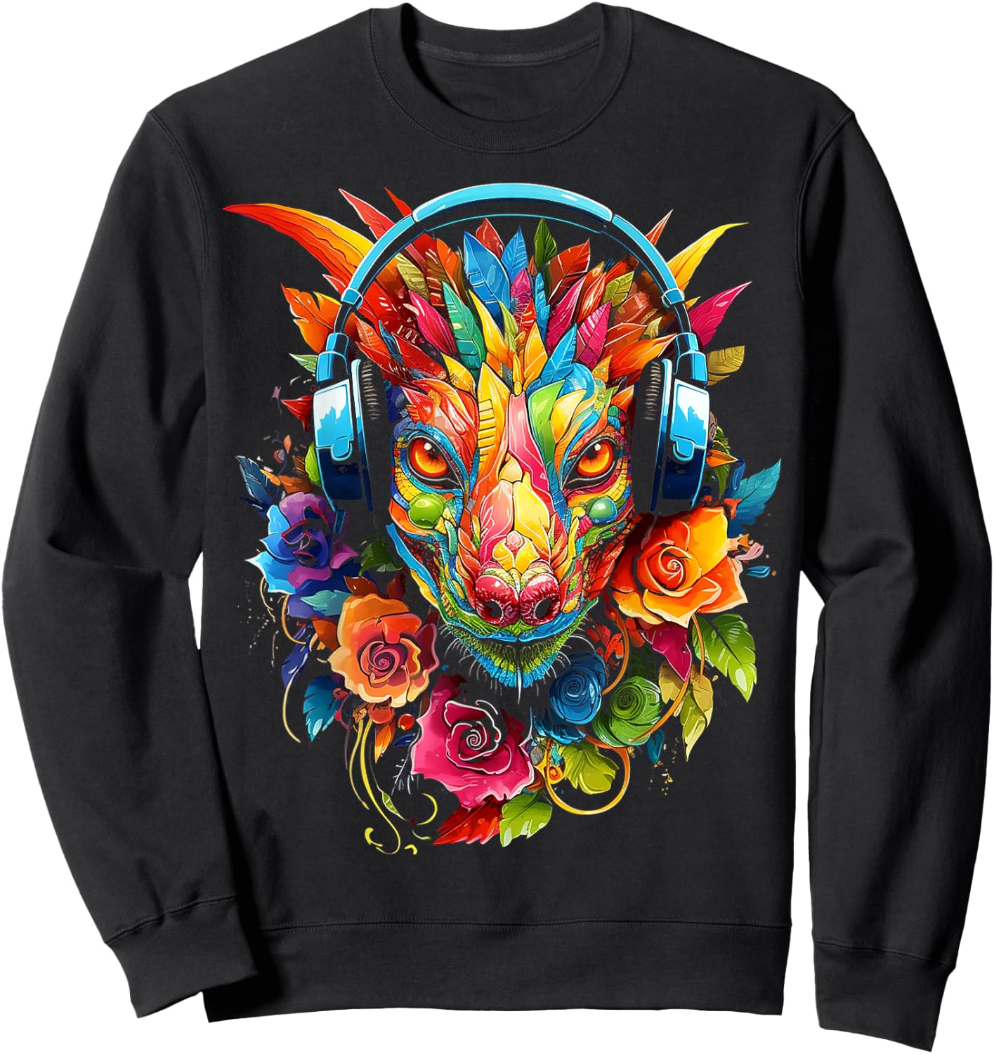 Dragon Headphones Art Colorful Flowers Graphic Anime Sweatshirt - Sweatshirt | Black
