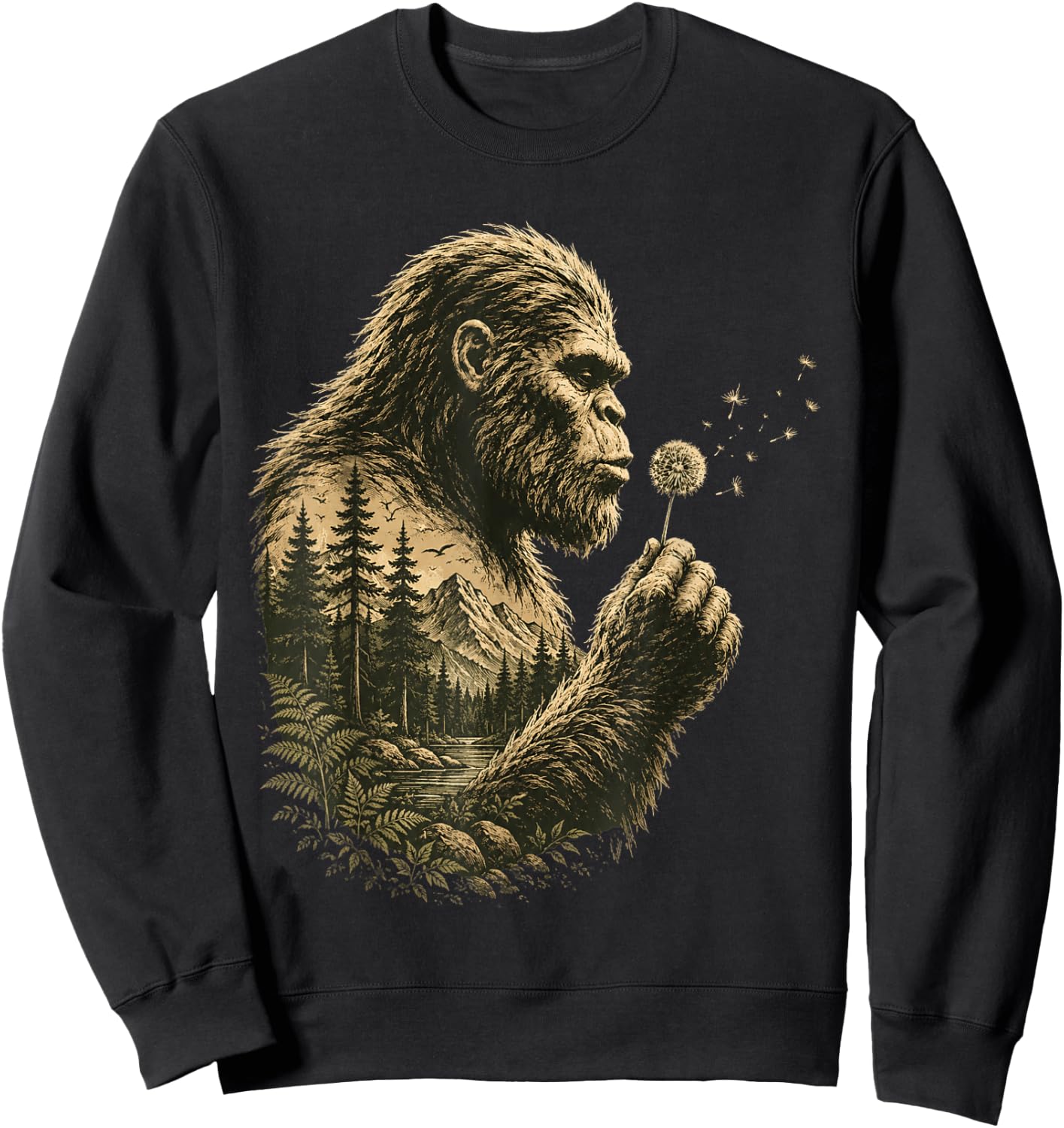 Bigfoot Blowing Dandelion Vintage Sasquatch Nature Men Women Sweatshirt - Sweatshirt | Black
