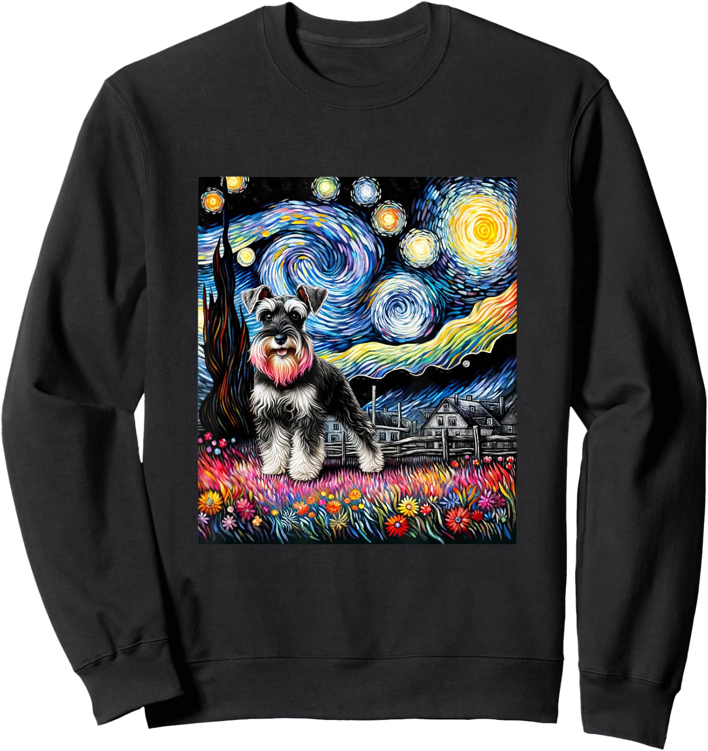 Miniature Schnauzer Dog Van Gogh Starry Night Painting Sweatshirt - Sweatshirt | Black