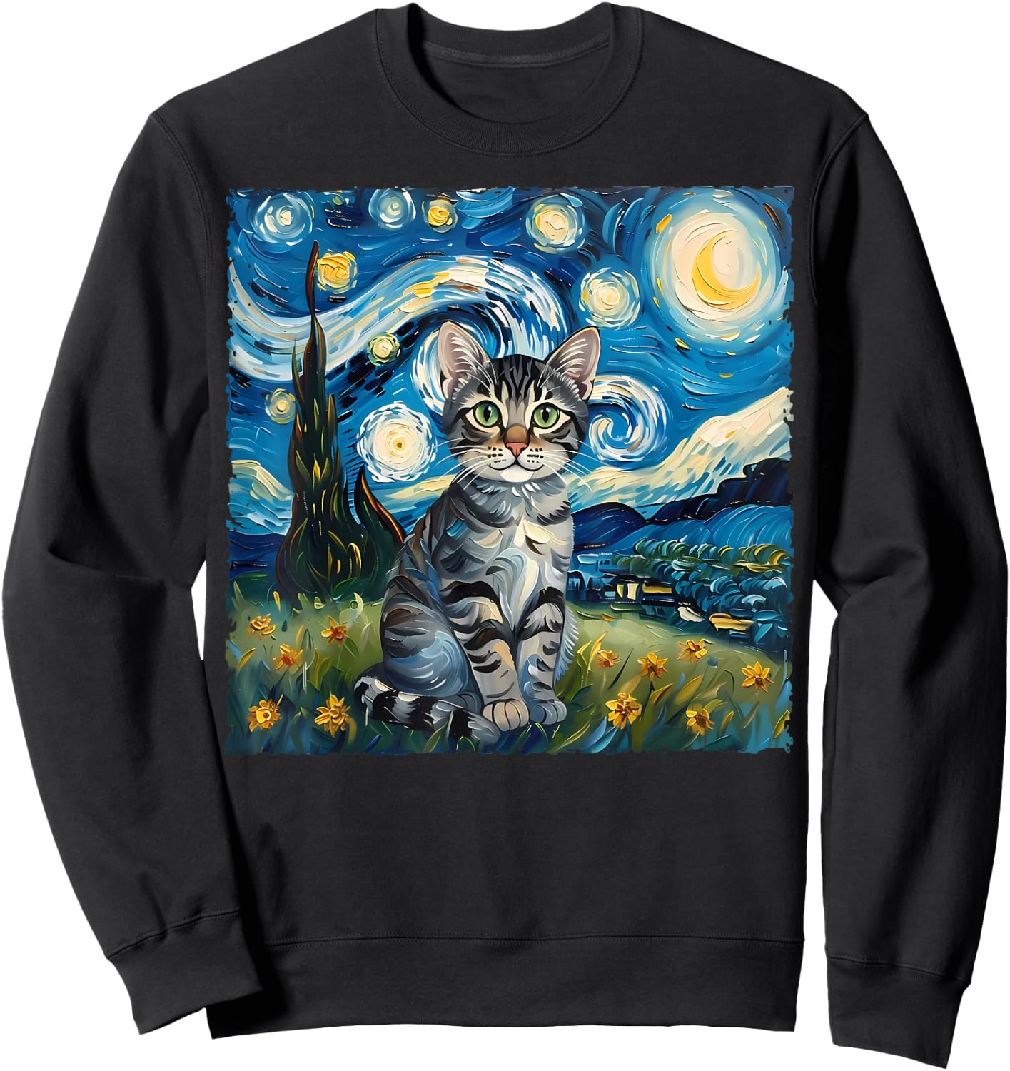 Van Gogh Style Funny Gray Tabby Tiger Cat Lover Starry Night Sweatshirt - Sweatshirt | Black