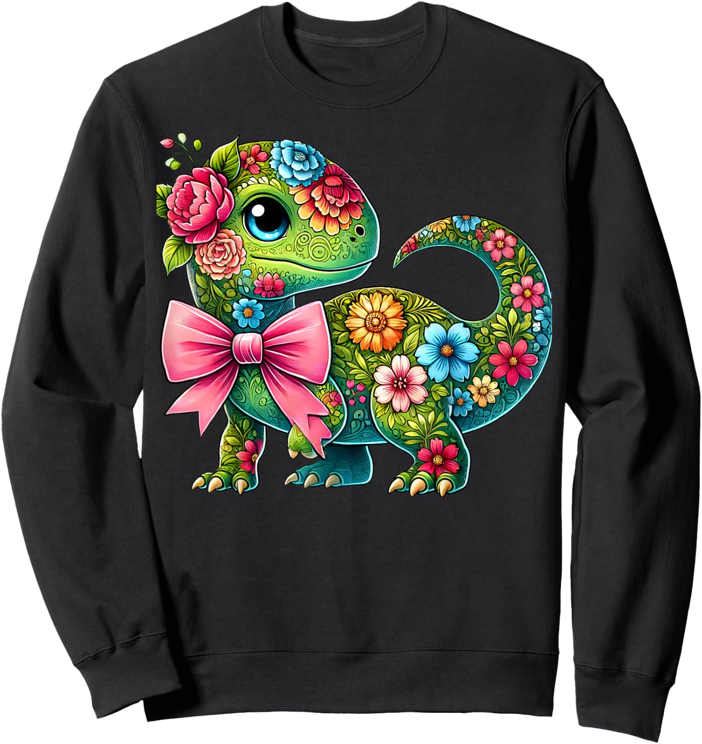 Floral Dinosaur Flower Cute Coquette Bow Graphic Women Girls Sweatshirt - Sweatshirt | Black