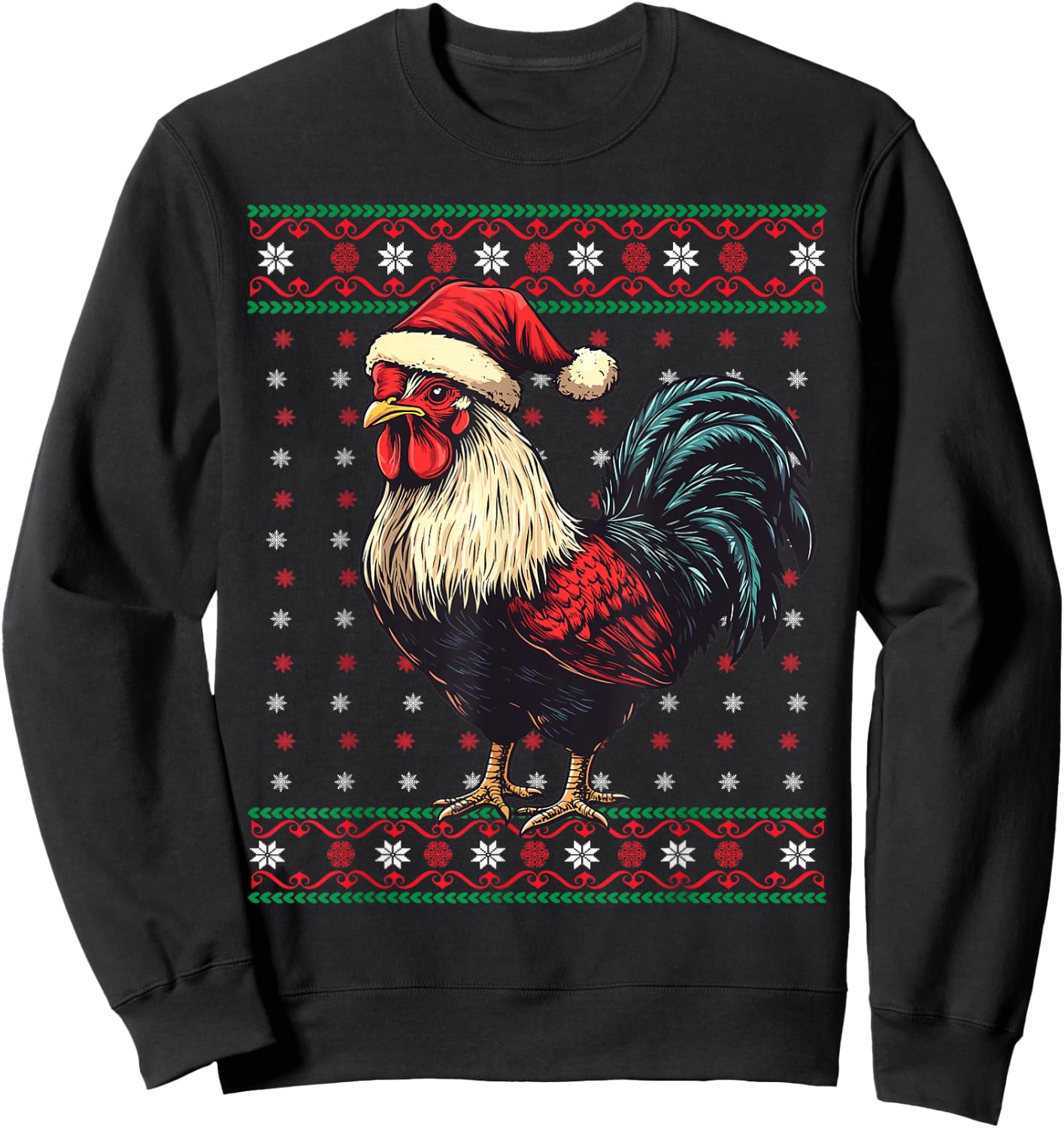 Ugly Christmas Sweater Rooster Santa Hat Funny Holiday Sweatshirt - Sweatshirt | Black