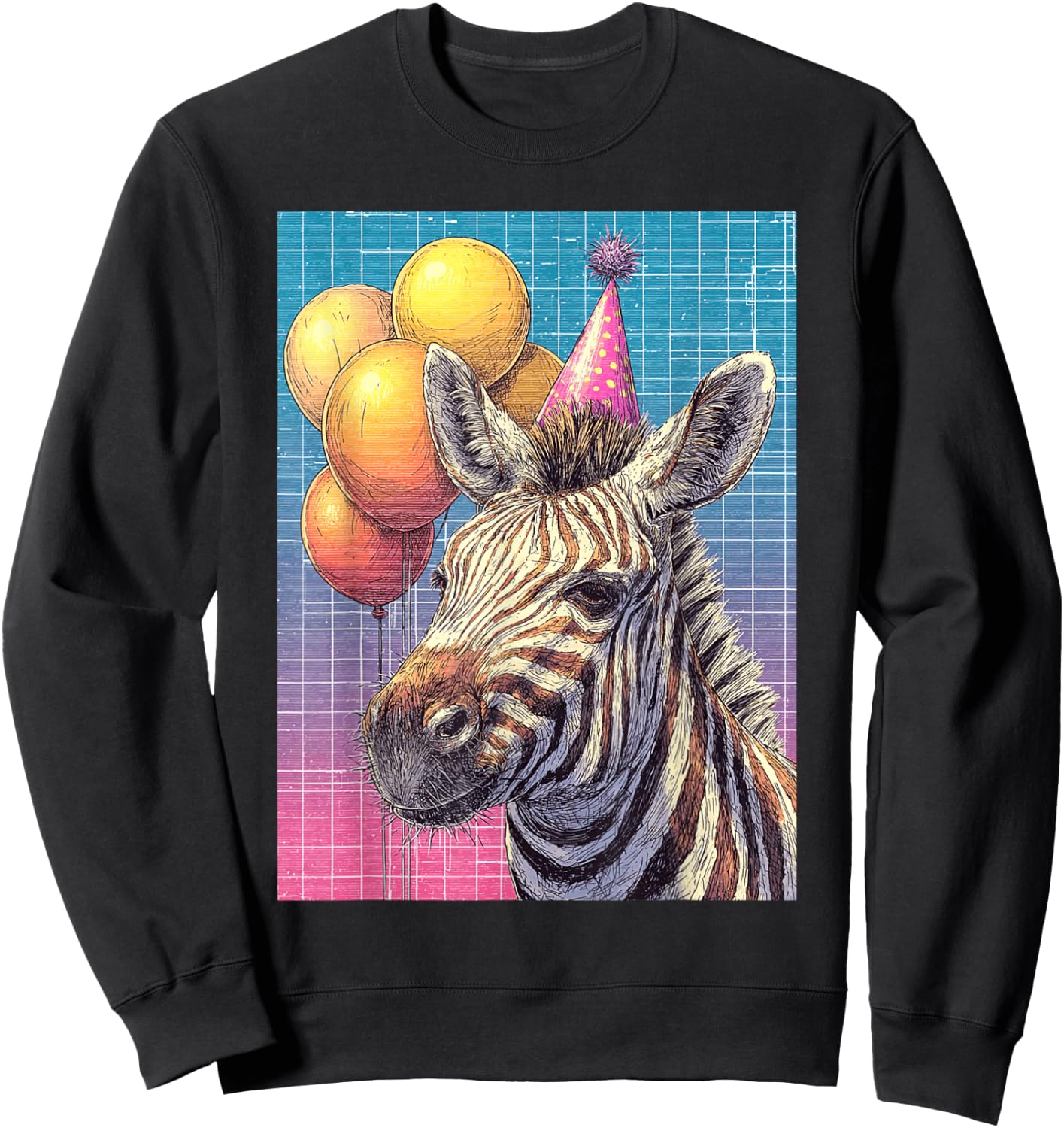 Zebra Synthwave Print Birthday Party Balloons & Party Hat Sweatshirt - Sweatshirt | Black