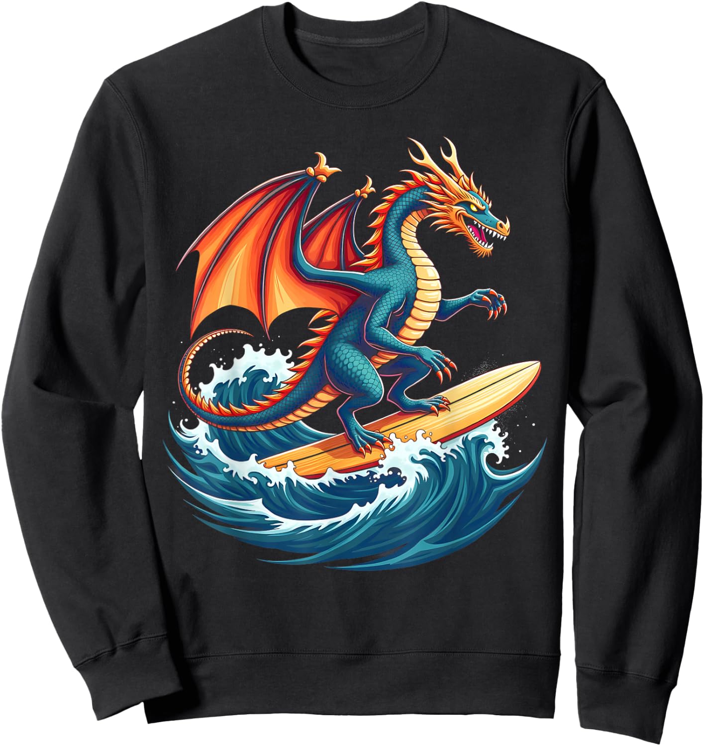 Fire Waves Dragon Surfer Mythical Surfing Beach Surfboarder Sweatshirt - Sweatshirt | Black