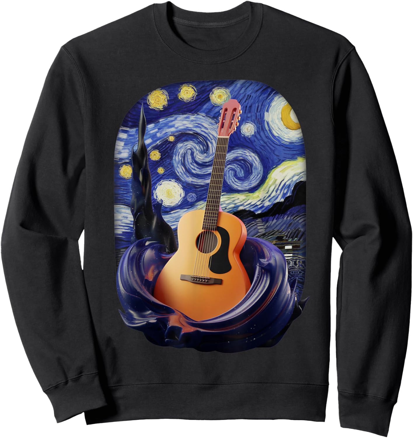 Starry Night Inspired Acoustic Guitar Art Sweatshirt - Sweatshirt | Black
