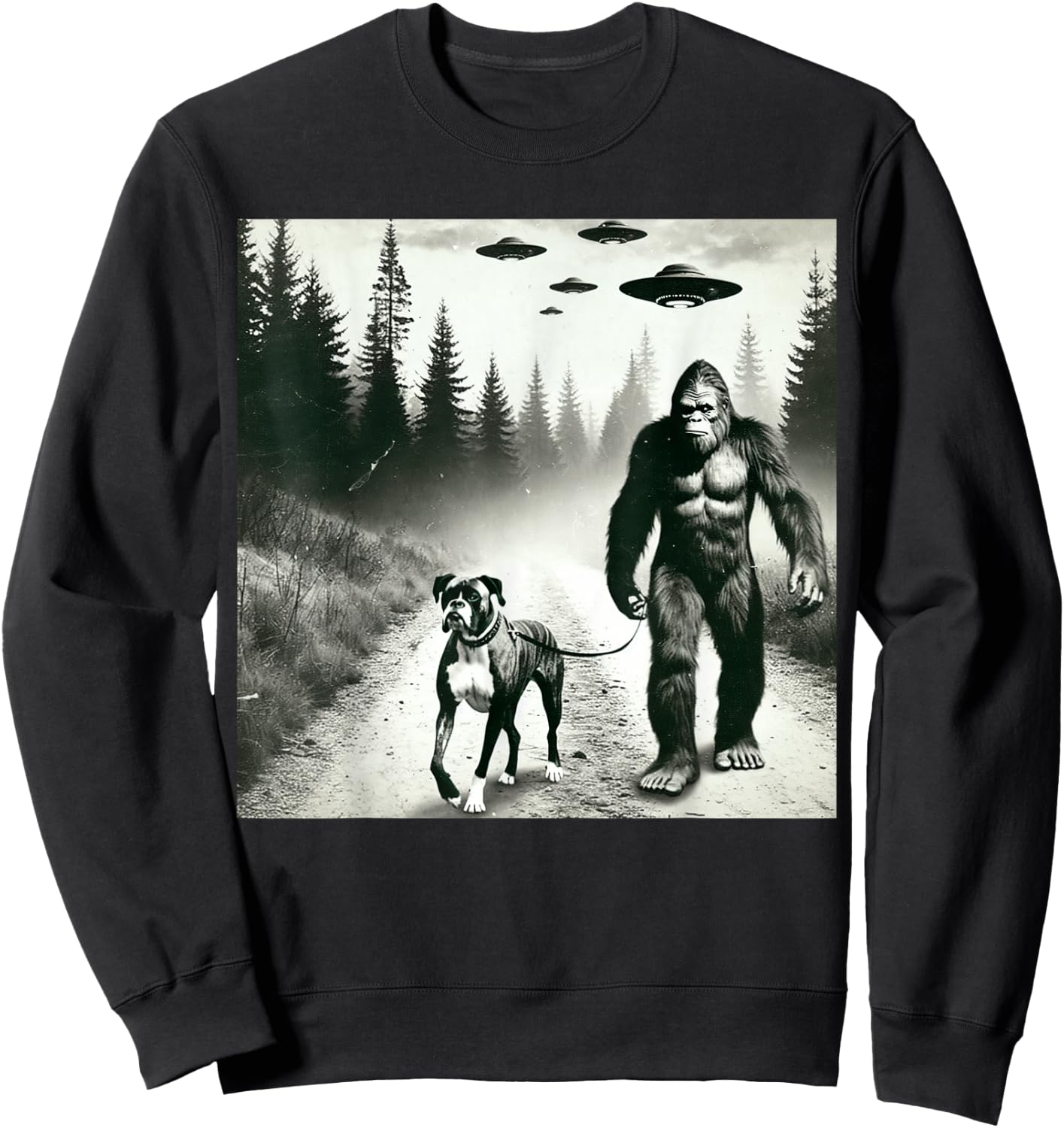 Funny Bigfoot Walking With Boxer Dog. Bigfoot And Dog UFO Sweatshirt - Sweatshirt | Black