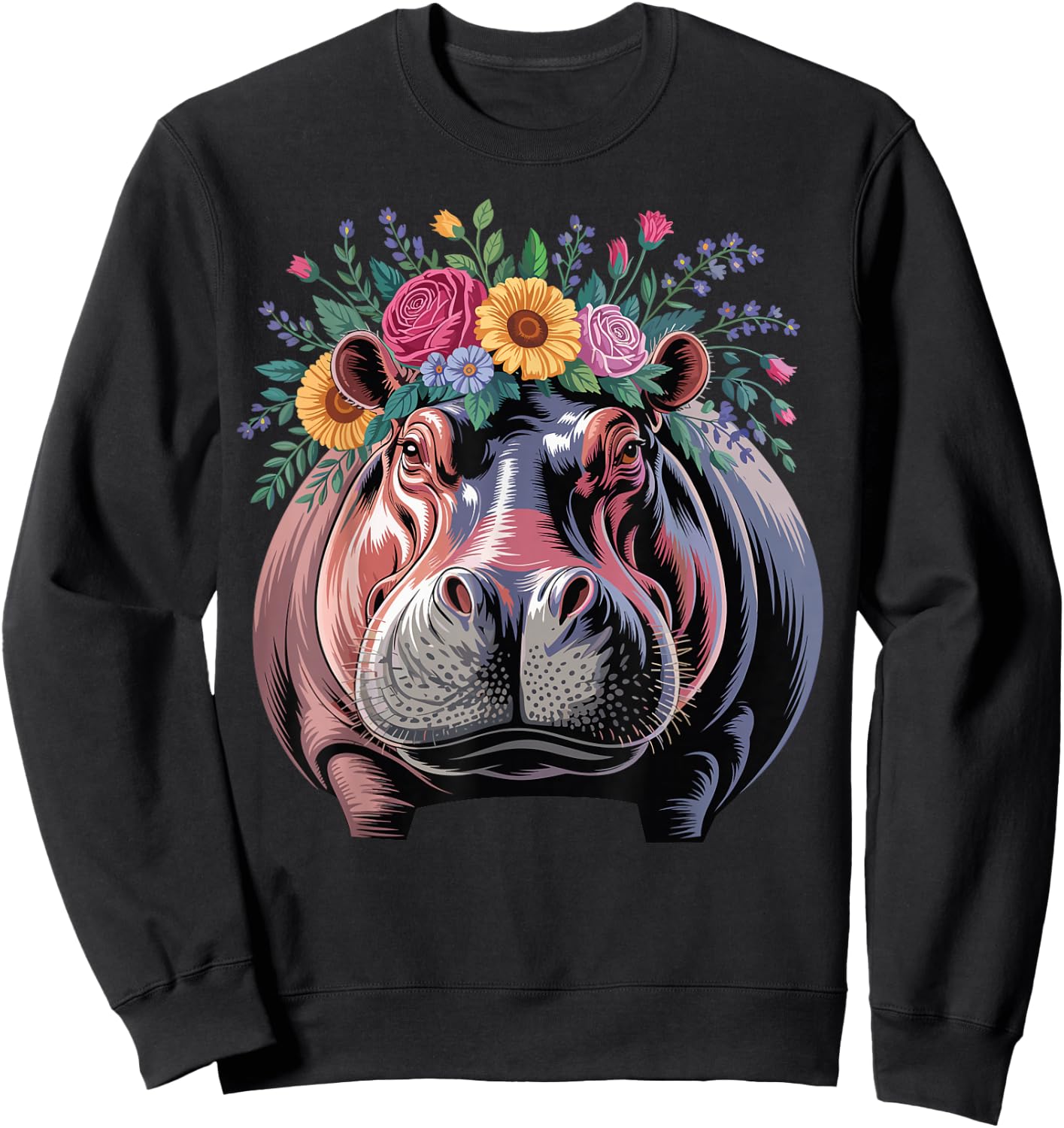 Floral Aesthetic Hippopotamus Lover Animal Face Hippo Sweatshirt - Sweatshirt | Black